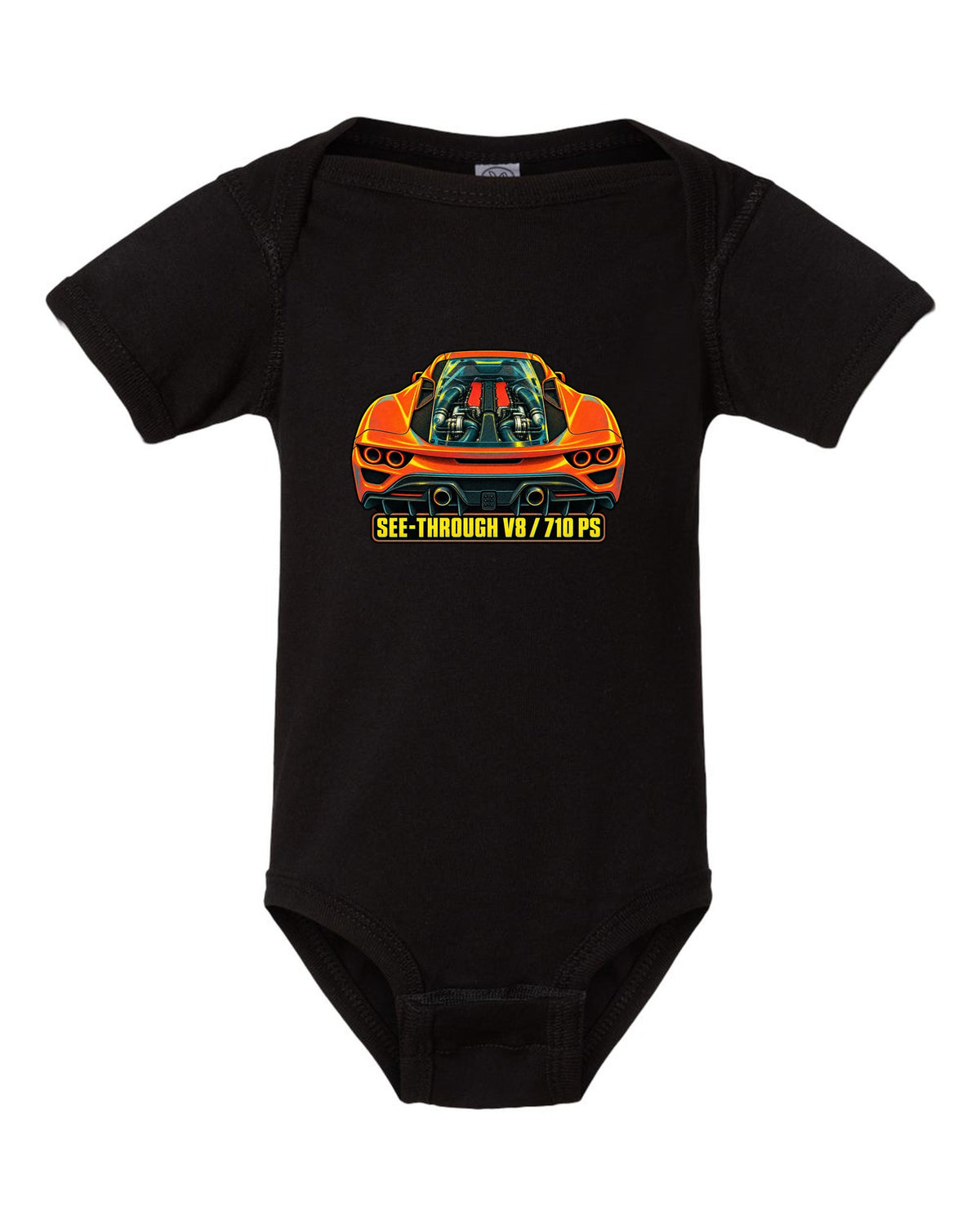Risograph style print of the Ferrari F8 Tributo transparent engine cover and V8 black baby onesie front view with the design