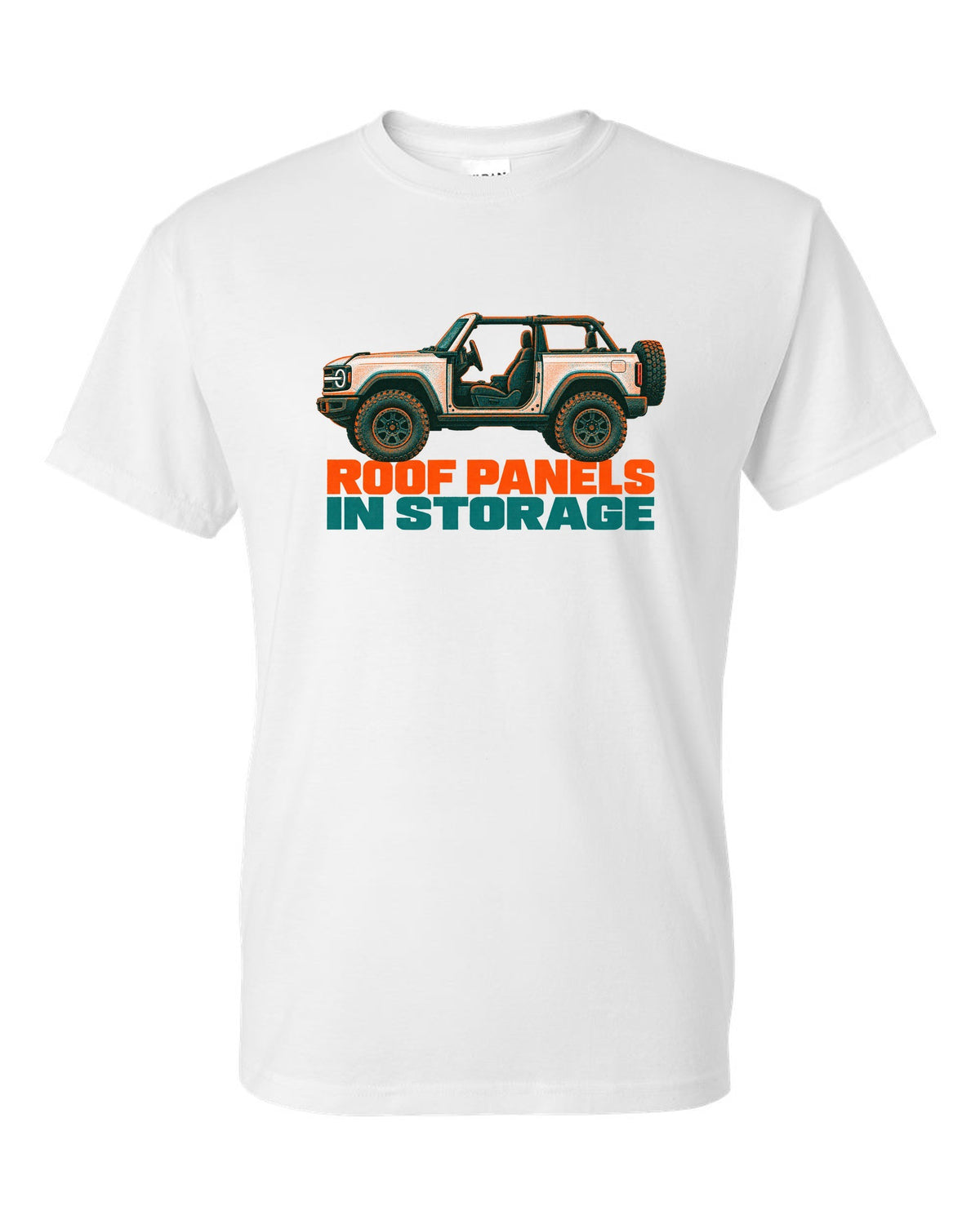 Risograph two-colour print of the Ford Bronco two-door U725 with roof panels in storage text white t-shirt front view with the design