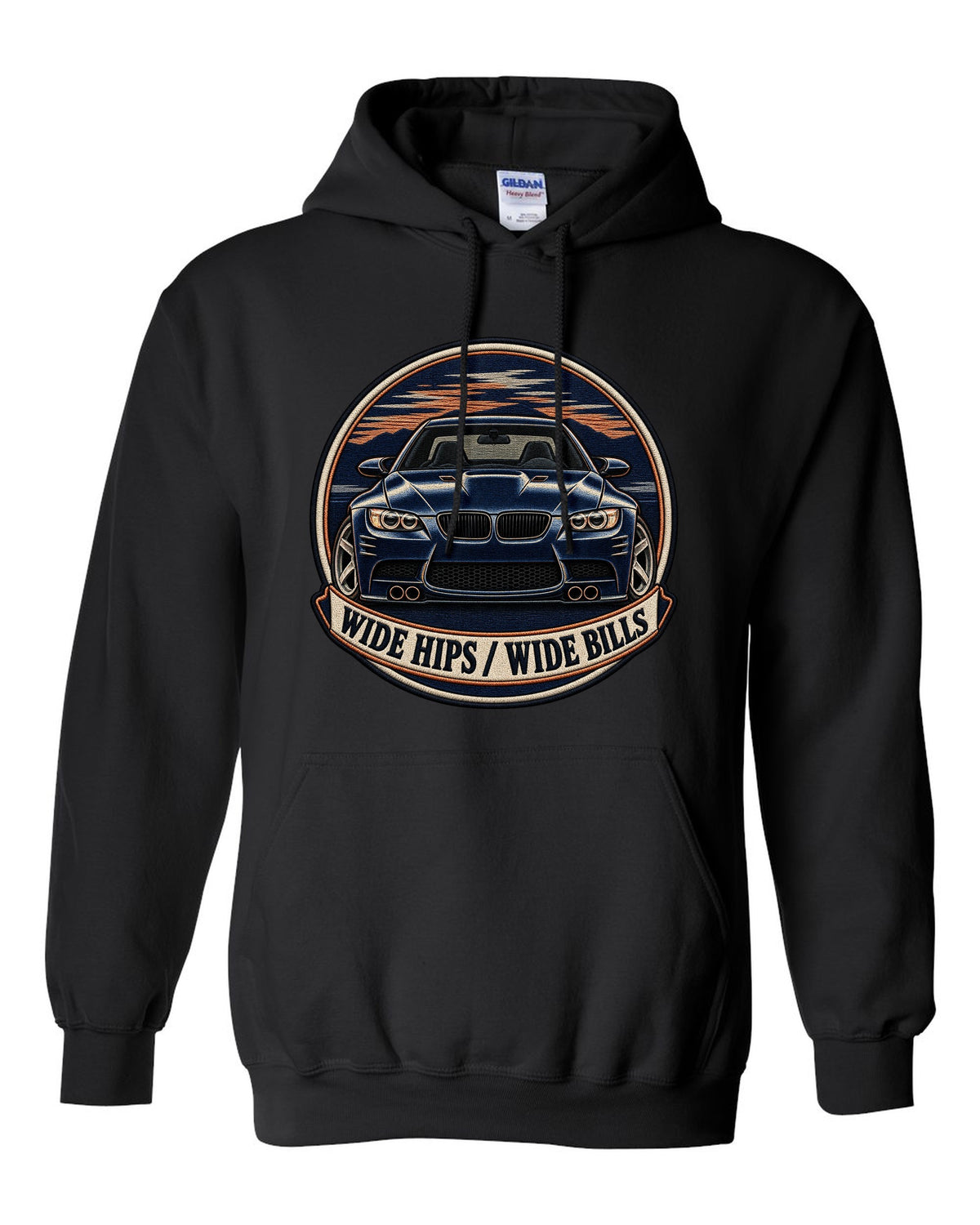 Varsity crest style print of a BMW E92 M3 coupe with wide hips wide bills text black pull over hoodie front view with the design