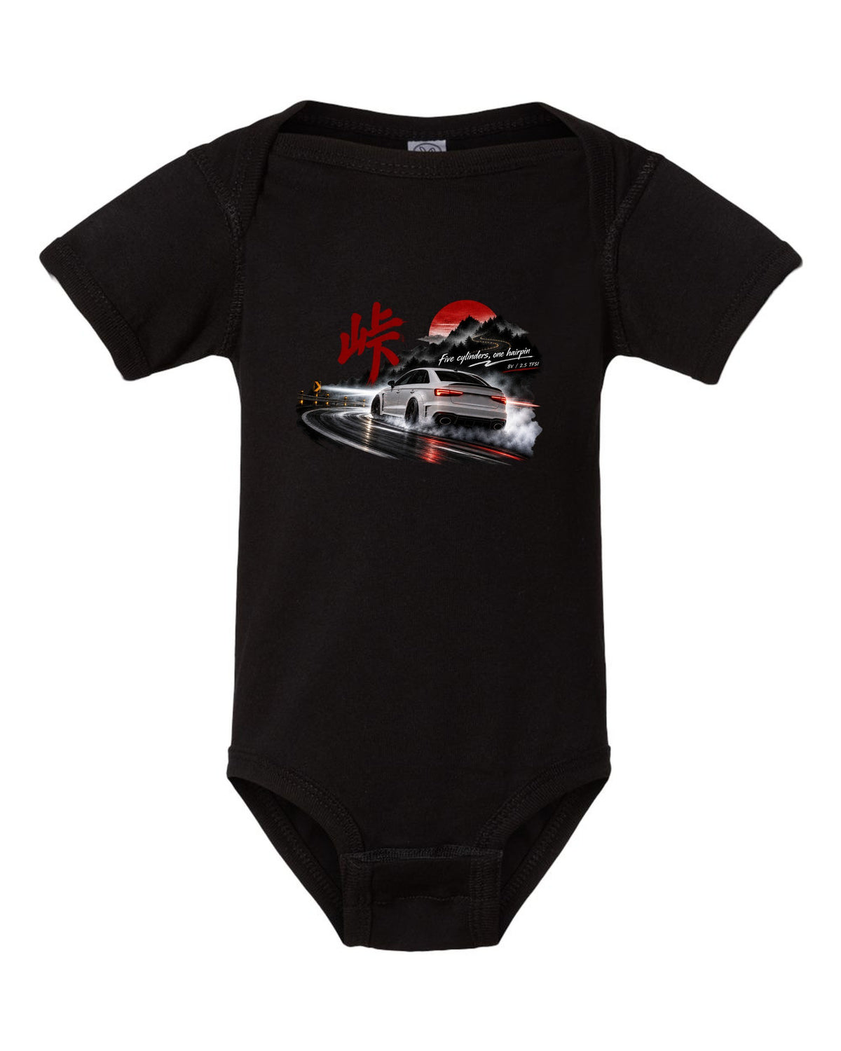 Audi RS3 8V sedan rear three-quarter sliding at night with touge kanji black baby onesie front view with the design