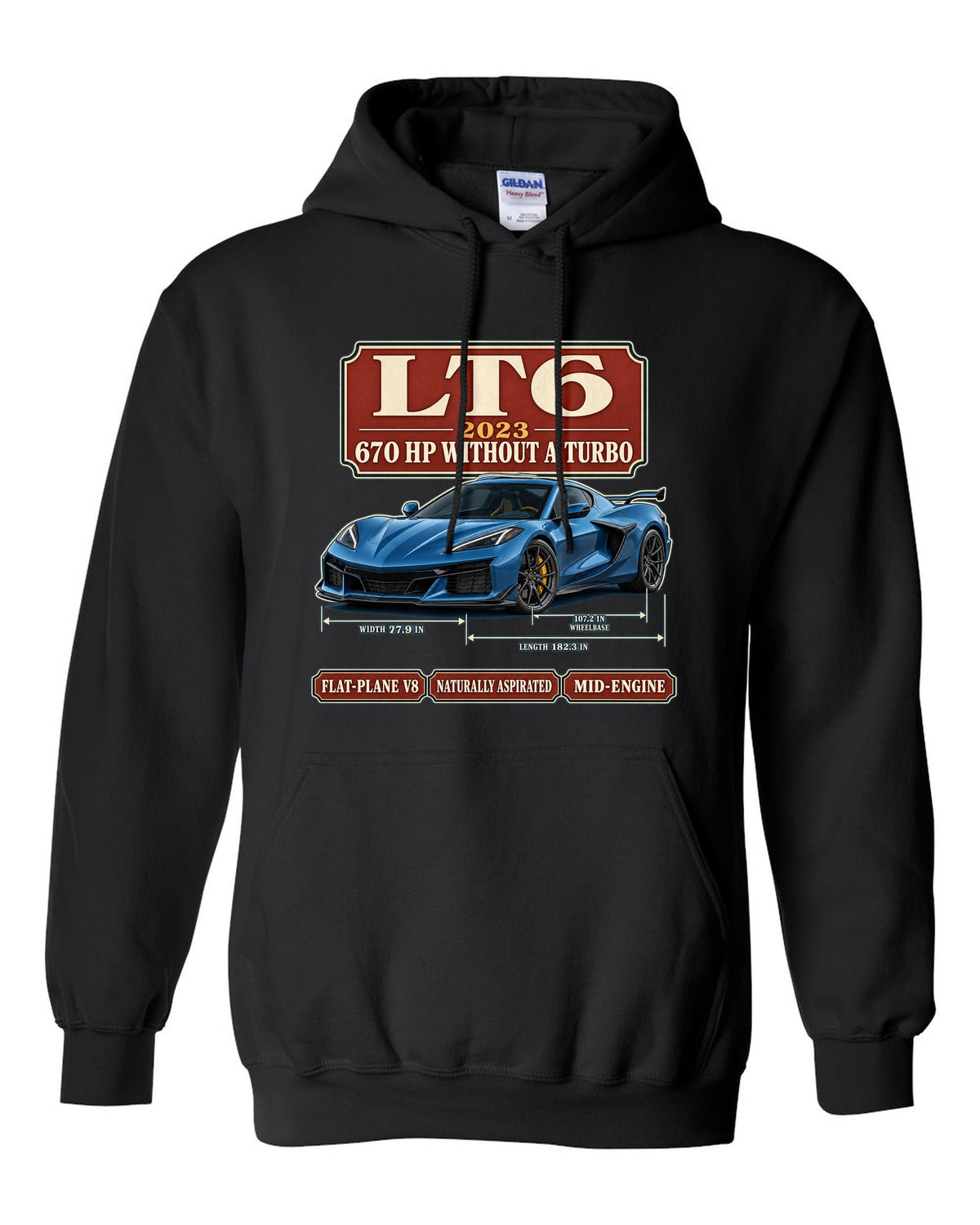 print of a Chevrolet Corvette C8 Z06 in an archive panel layout with LT6 and 670 HP text black pull over hoodie front view with the design