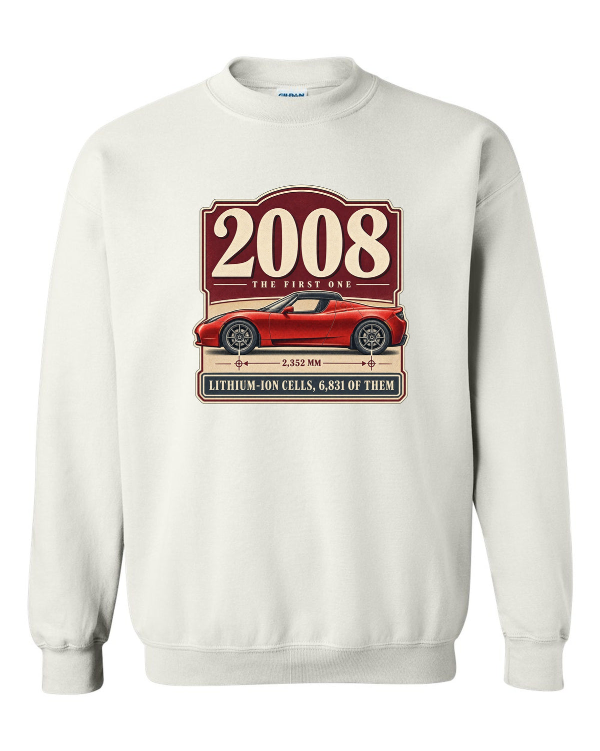 Tesla Roadster 2008 Archive Panel white crewneck front view with the design