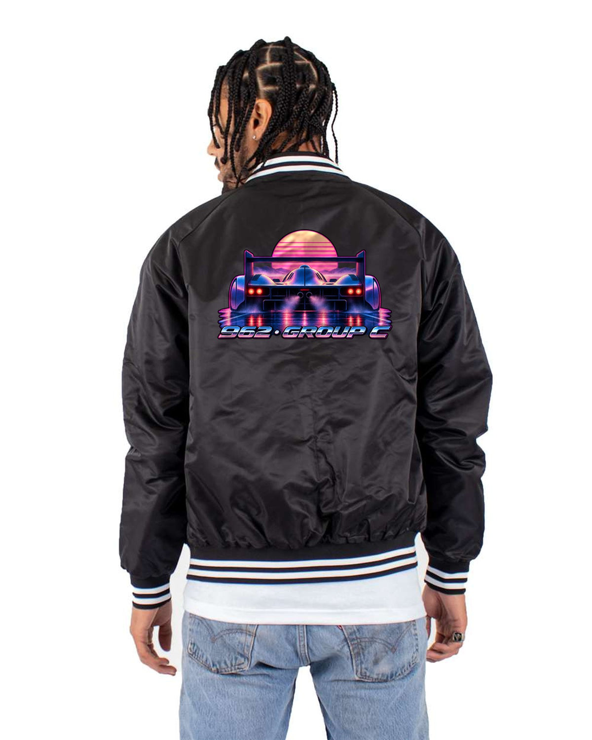 Porsche 962 Group C Long Tail Dawn Mist Synthwave Car Shirt Bomber Jacket Black back