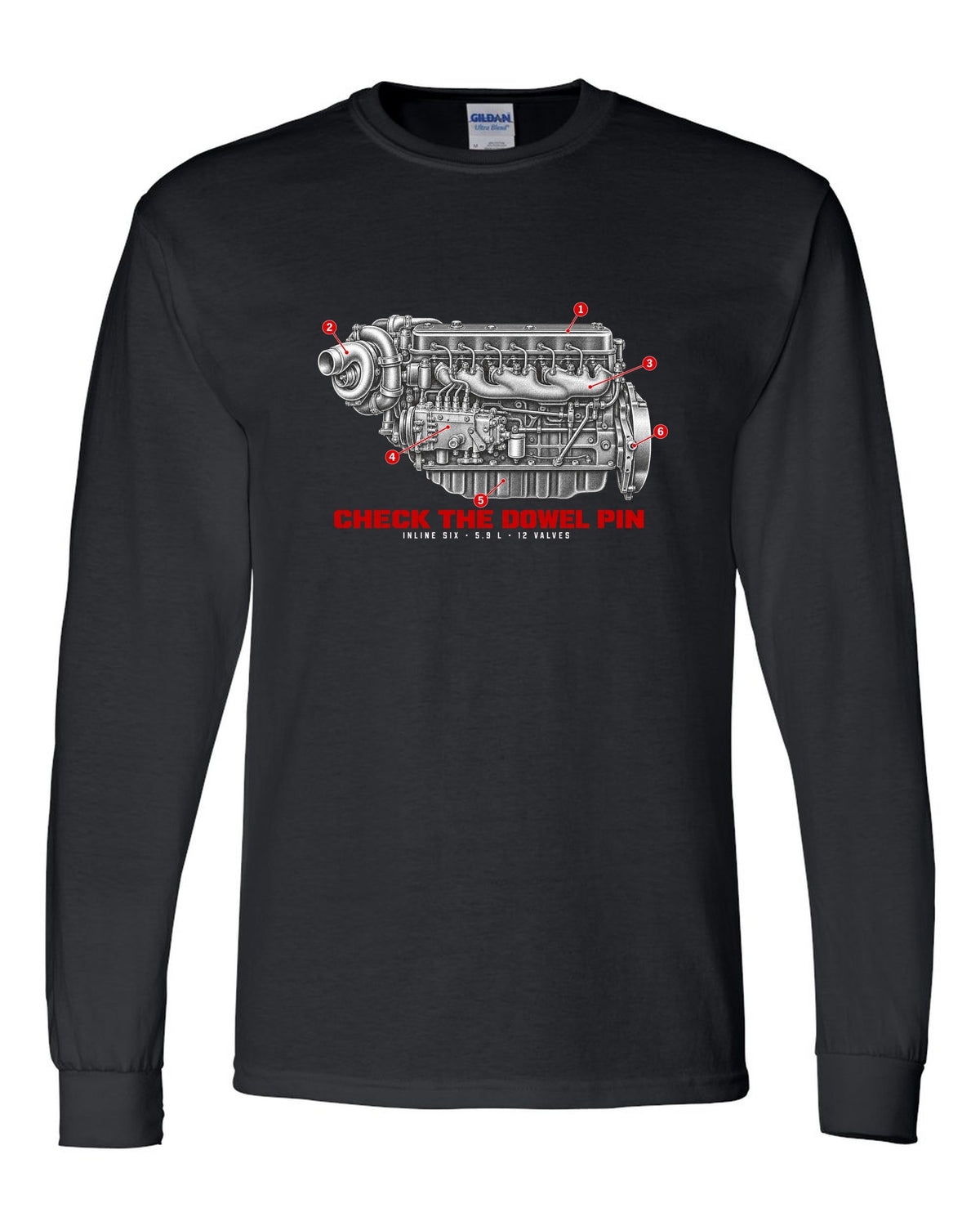 Engine hero print of a 1994-98 Ram 2500 5.9L 12-valve Cummins inline six black long sleeve front view with the design