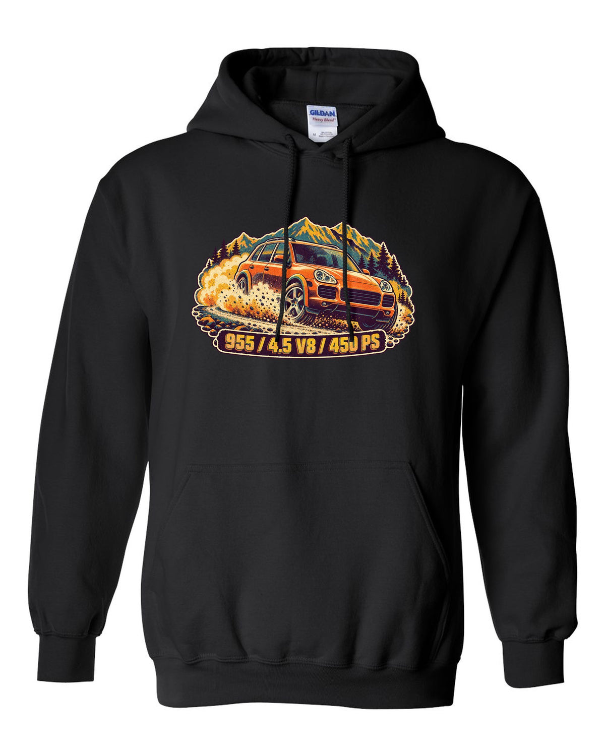 Retro manga halftone print of a Porsche Boxster Spyder 981 taillight with the text 981, 3.8 and 375 PS black pull over hoodie front view with the design