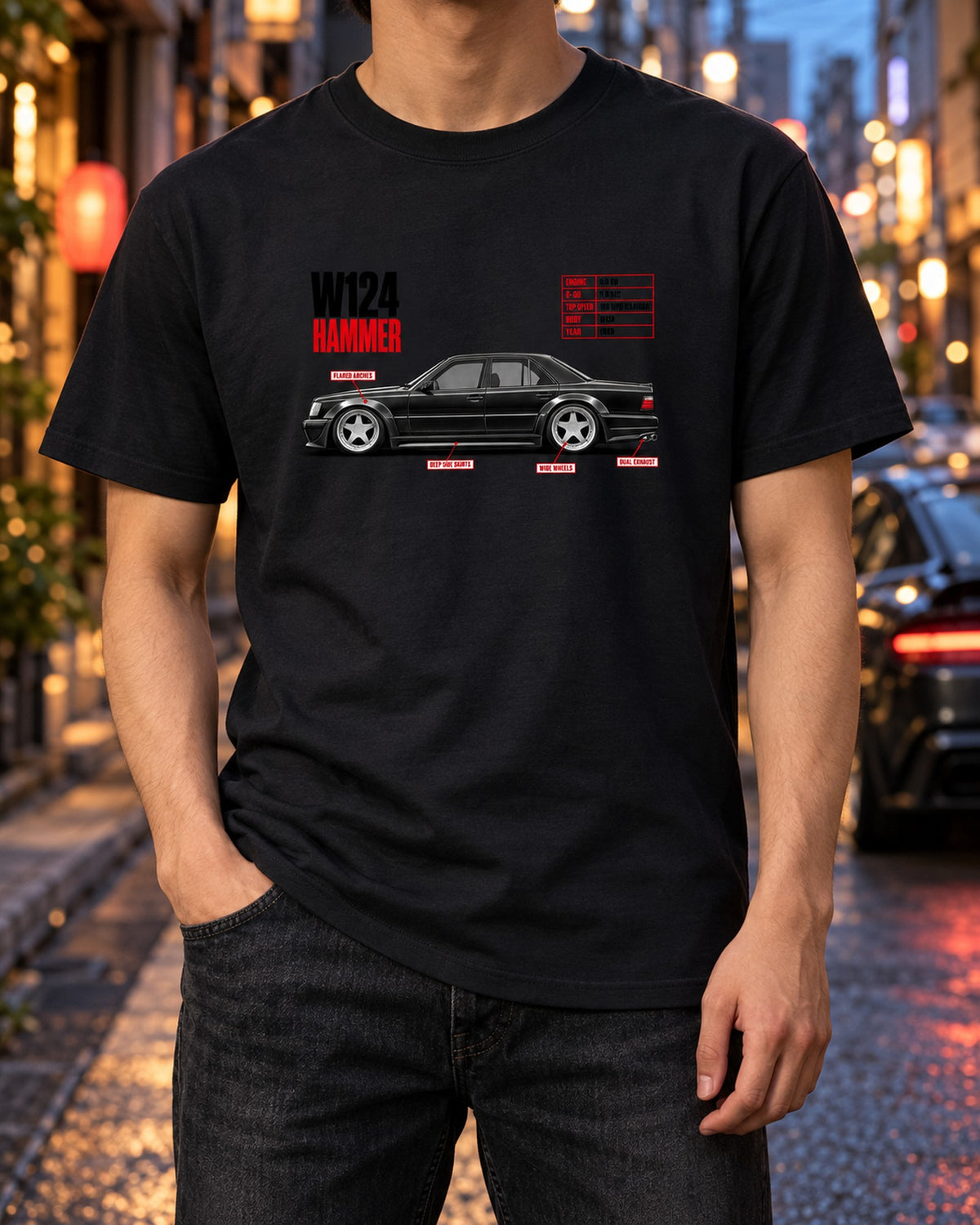 Mercedes W124 Hammer 5.6 V8 Spec Poster Shirt, 1988 T-Shirt Black worn hero
