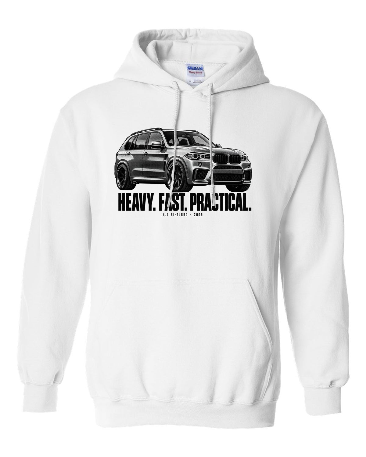 BMW X5 M E70 halftone print with heavy fast practical text and 4.4 bi-turbo white pull over hoodie front view with the design
