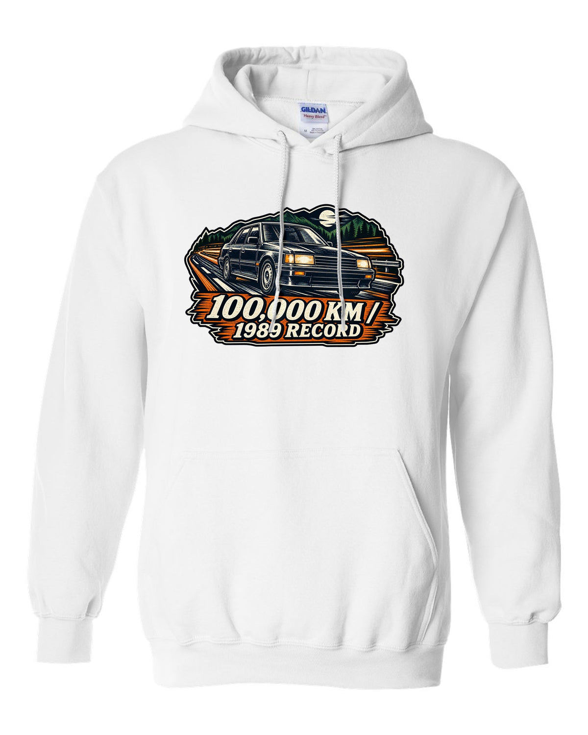 Linocut woodcut style illustration of a Subaru Legacy BC5 RS with 100,000 km 1989 record text white pull over hoodie front view with the design