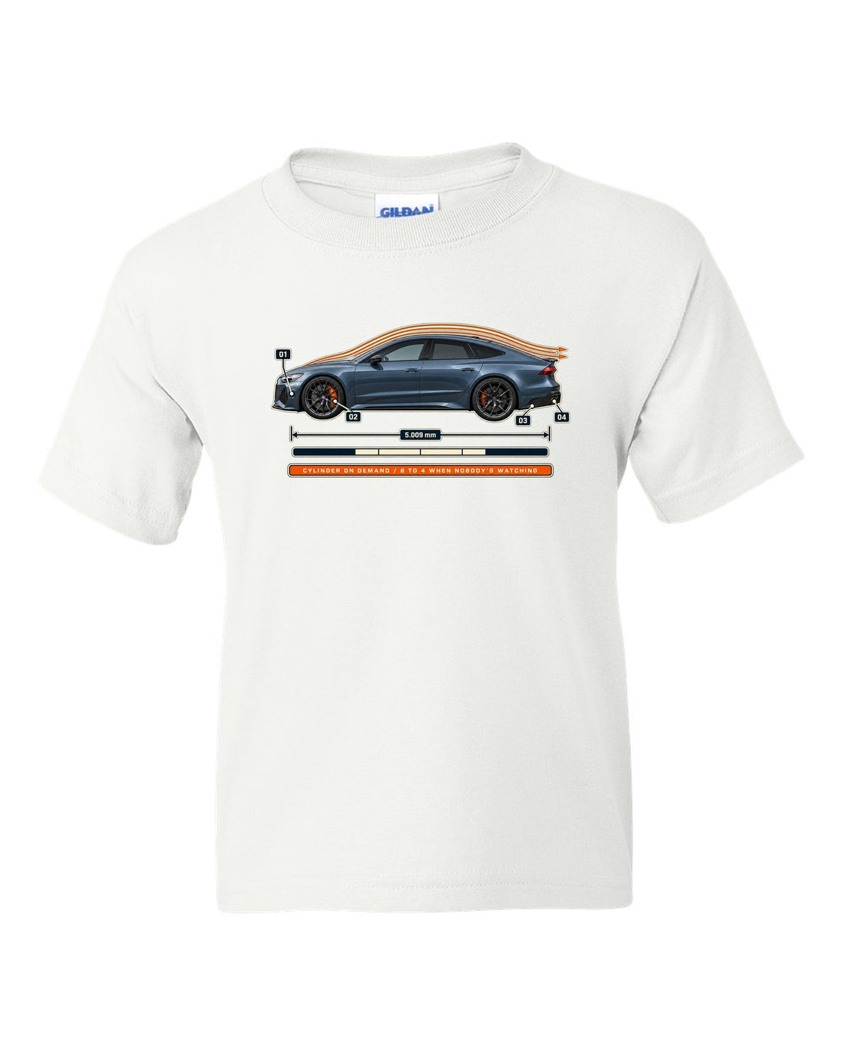 Aero callout print of an Audi RS7 Sportback C8 with cylinder on demand caption white kids tee front view with the design