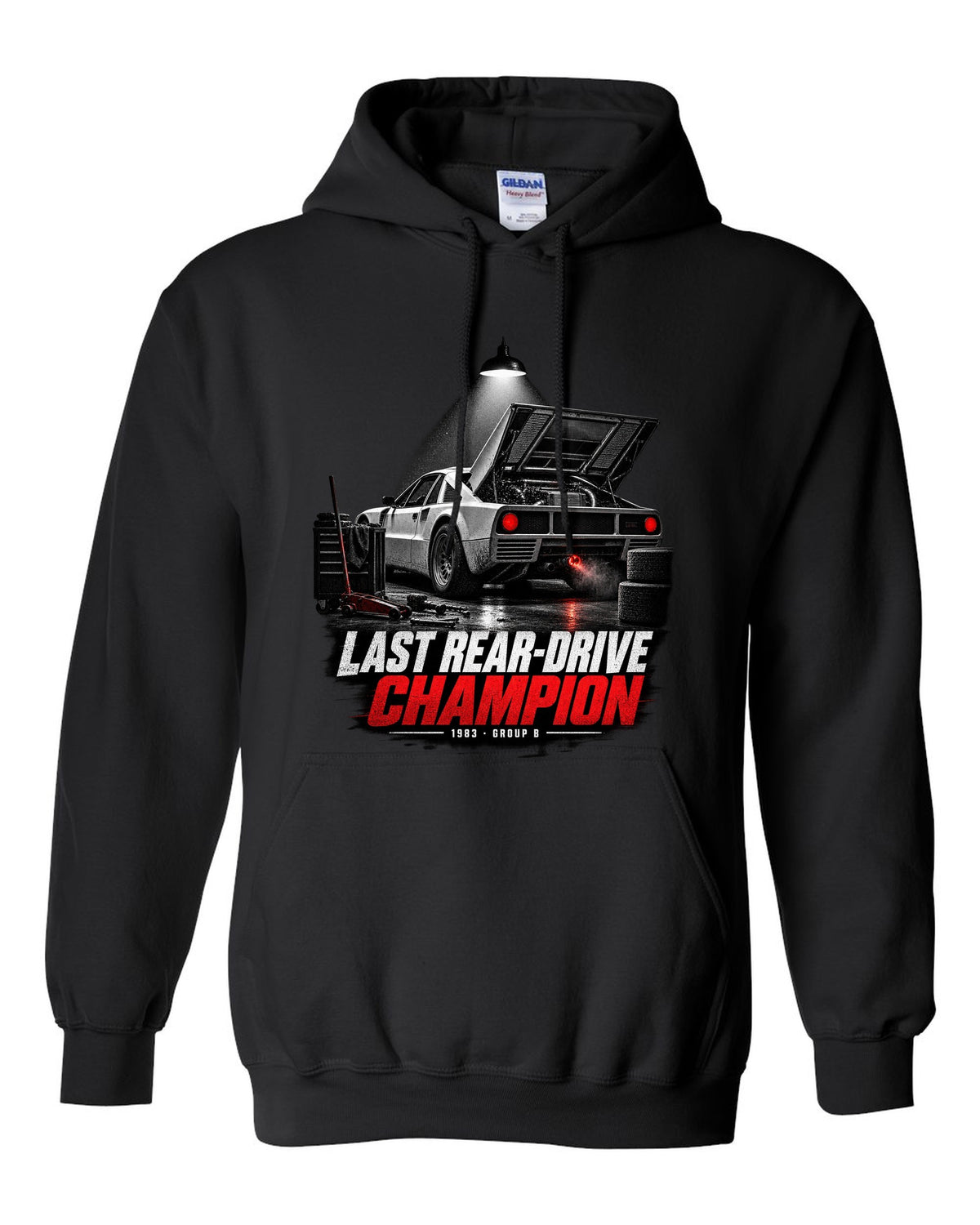 Garage night print of a Lancia Rally 037 with Last Rear-Drive Champion text black pull over hoodie front view with the design
