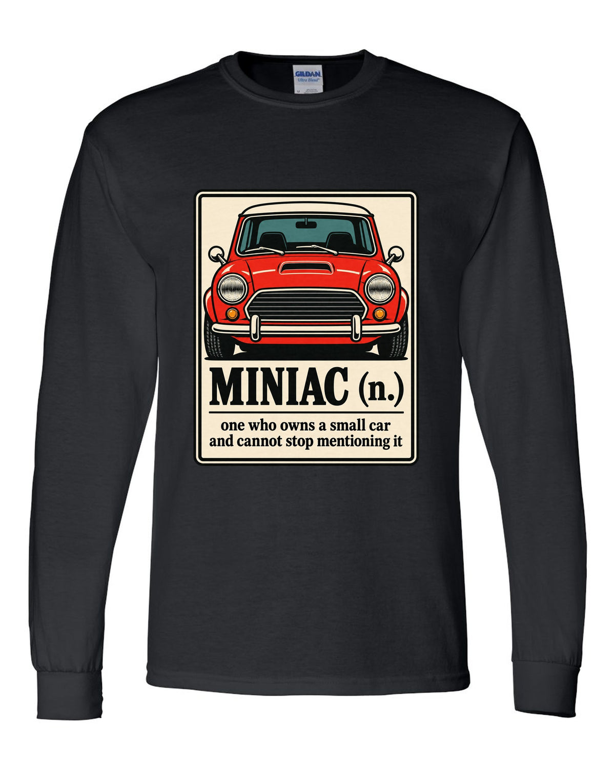 Dictionary definition card for Miniac on a Mini Cooper S R53 shirt black long sleeve front view with the design