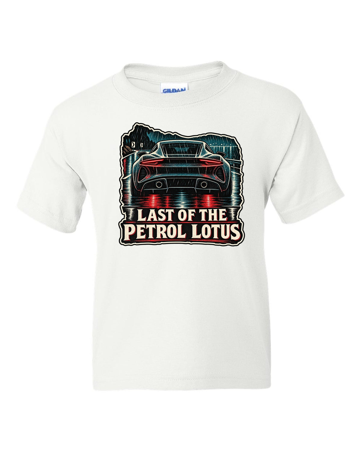 Lotus Emira in linocut woodcut style with LAST OF THE PETROL LOTUS lettering white kids tee front view with the design