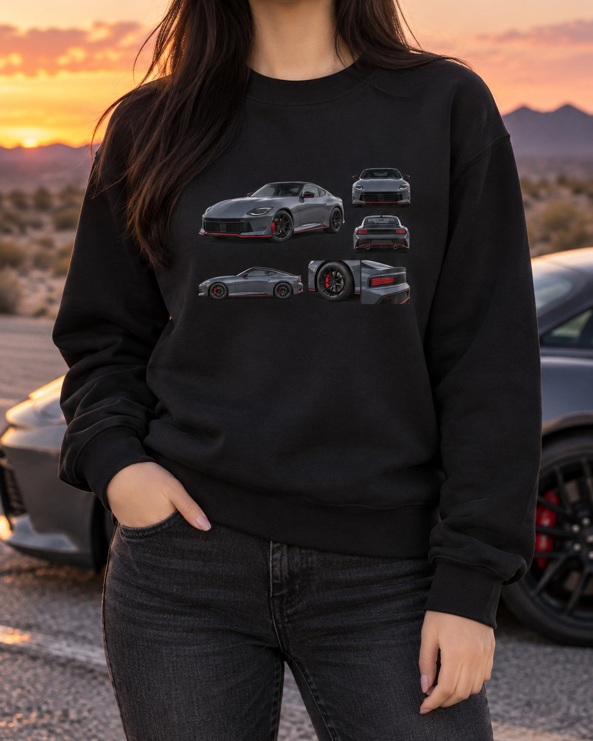 Nissan Z RZ34 Halftone Garage Shirt, VR30DDTT Statement Tee Crewneck Black worn hero