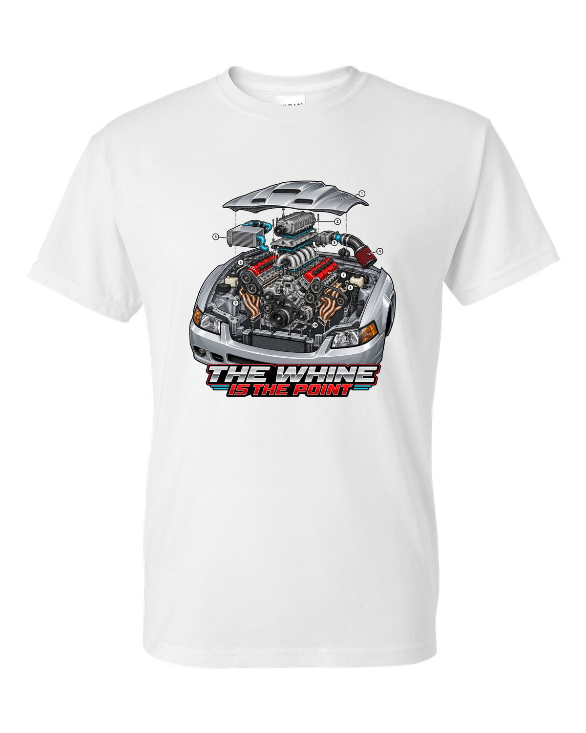 Exploded engine cutaway print of a supercharged Ford Mustang SN95 Terminator-spec white t-shirt front view with the design
