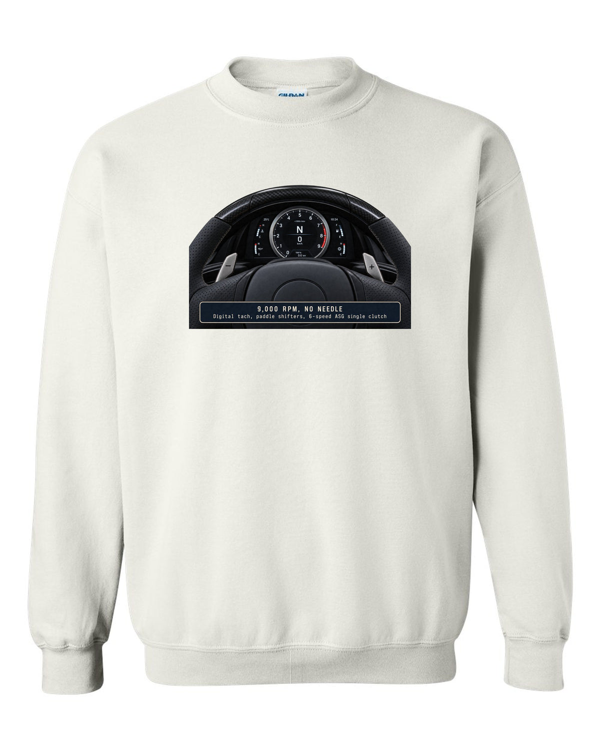 Engine hero print of the Lexus LFA 1LR-GUE 4.8 L V10 white crewneck front view with the design