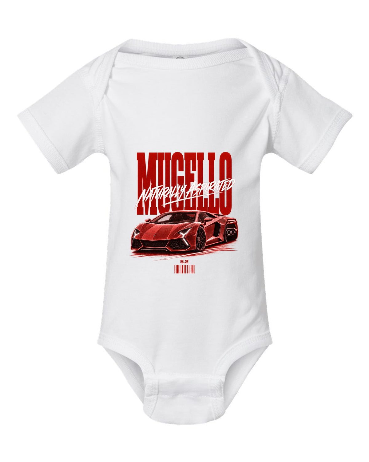 Street poster print of a Lamborghini Huracan Tecnica LP640-2 with Mugello and Naturally Aspirated text white baby onesie front view with the design