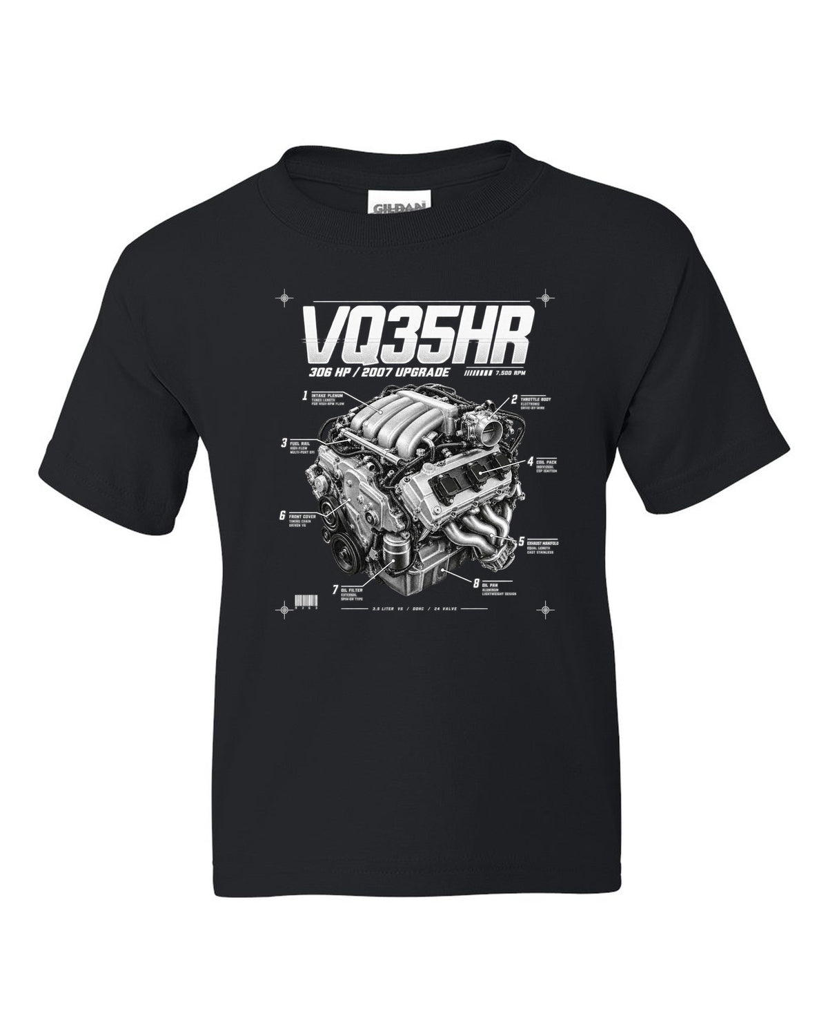 print of a Nissan 350Z Z33 VQ35HR engine plate with 306 HP and 7,500 RPM black kids tee front view with the design