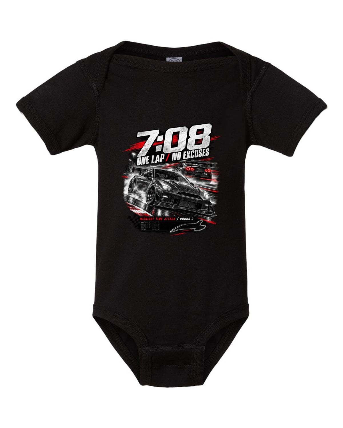 Race poster of a Nismo-style Nissan GT-R R35 with 7:08 one lap and Midnight Time Attack lettering black baby onesie front view with the design