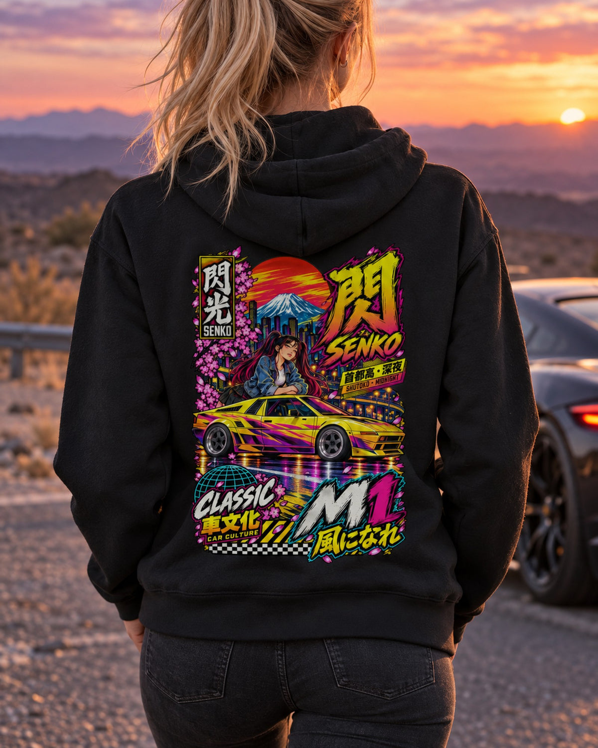 SENKO M1 Anime Girl Full-Back Graphic Tee Zip Hoodie Black worn hero