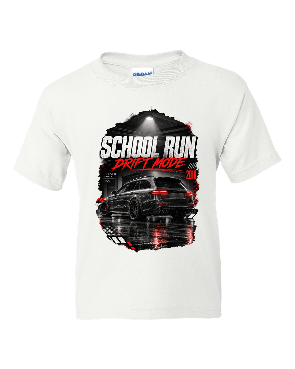 print of a Mercedes E63 S wagon S213 in a night garage with the text School Run / Drift Mode white kids tee front view with the design
