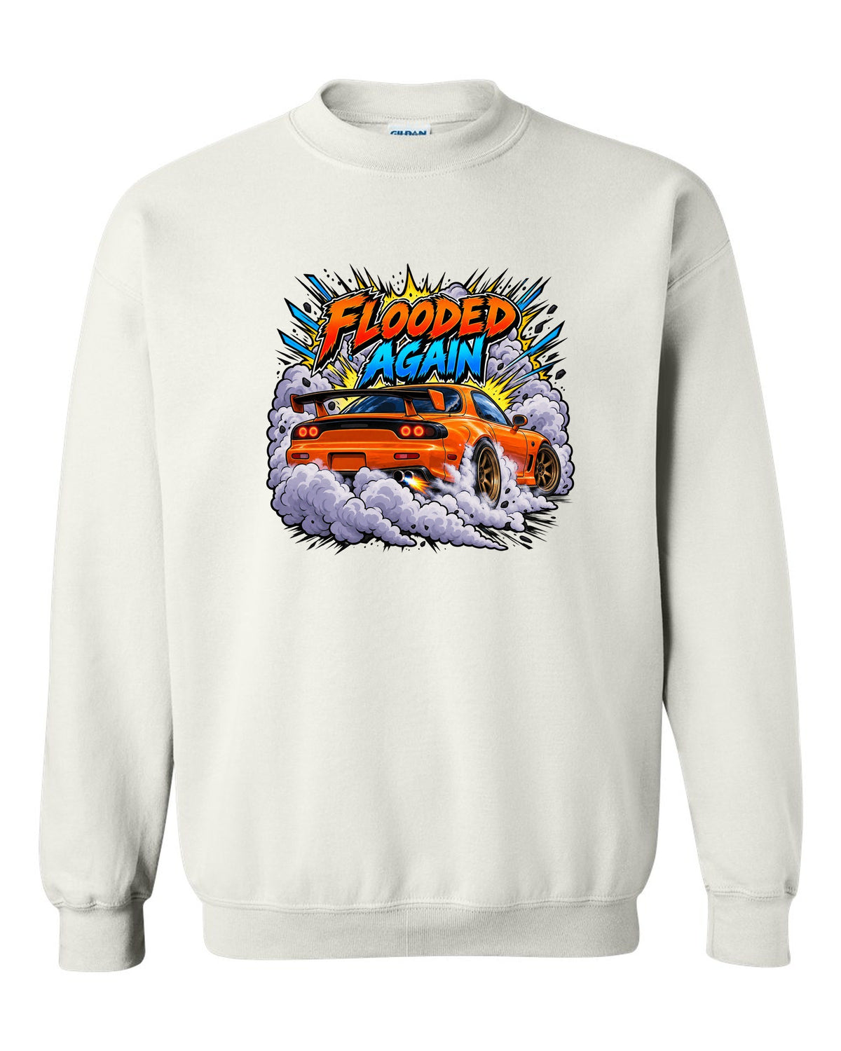 Comic-style Mazda RX-7 FD3S burnout with speed lines and smoke white crewneck front view with the design