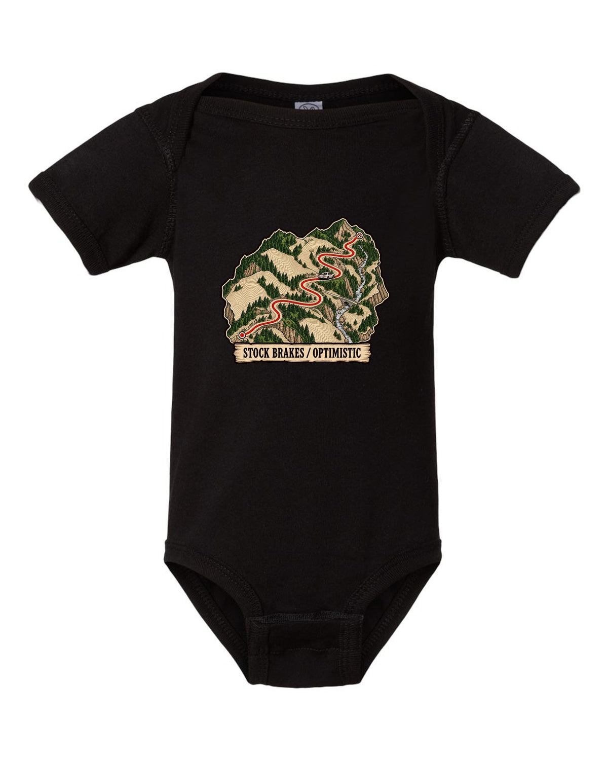 Topographic route map print of a mountain pass for the Nissan Skyline GT-R R32 BNR32 black baby onesie front view with the design