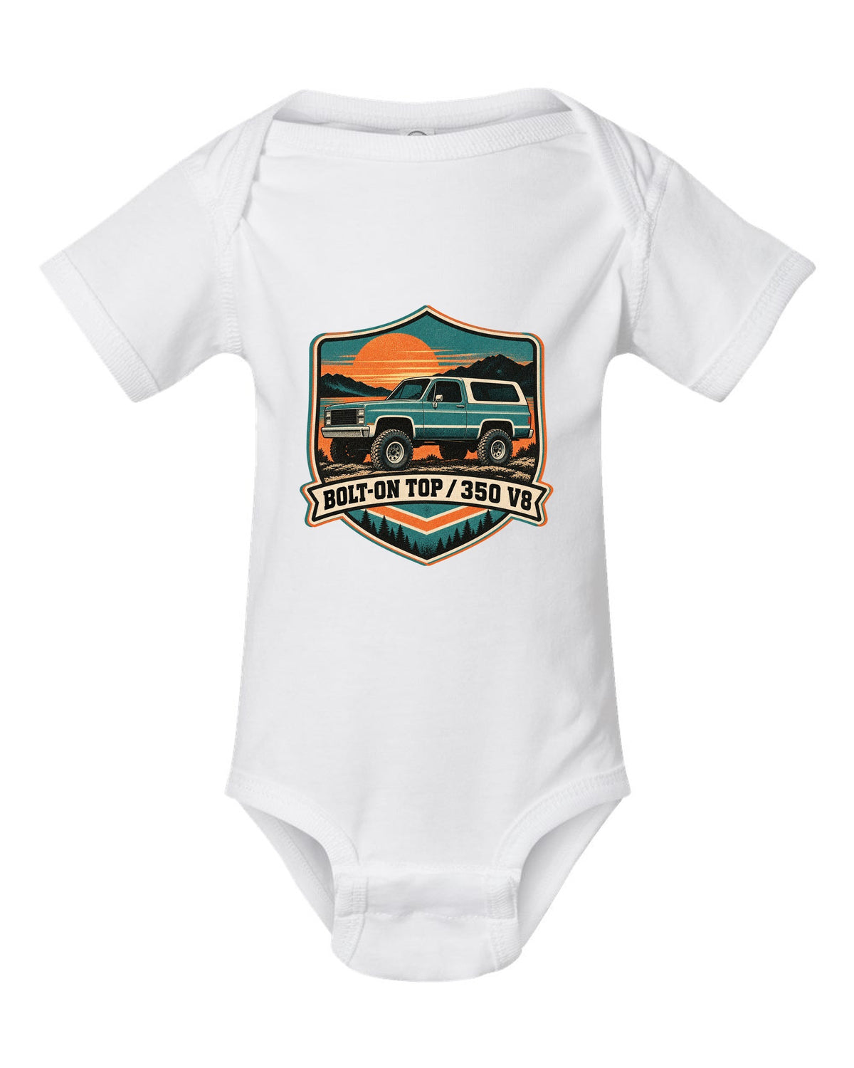 Risograph-style sunset print of a 1973-91 Chevrolet K5 Blazer with BOLT-ON TOP and 350 V8 text white baby onesie front view with the design