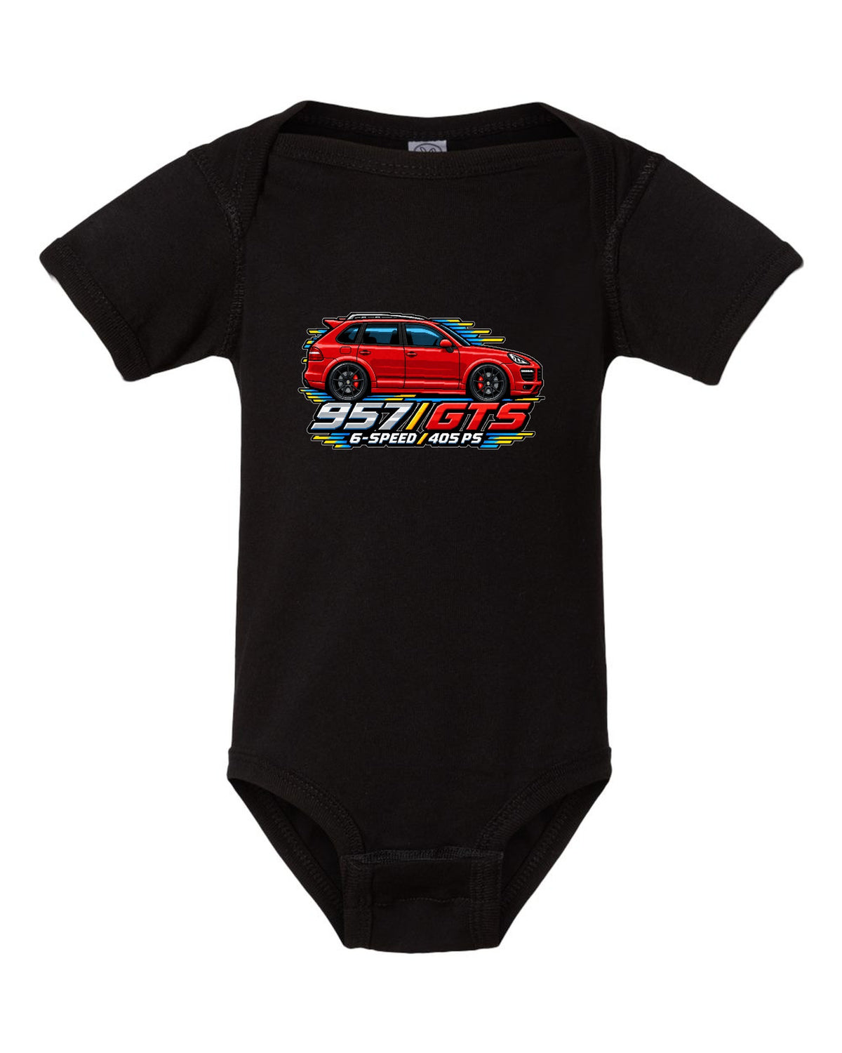16-bit pixel art design of the Porsche Cayenne GTS 957 with 6-speed and 405 PS lettering black baby onesie front view with the design