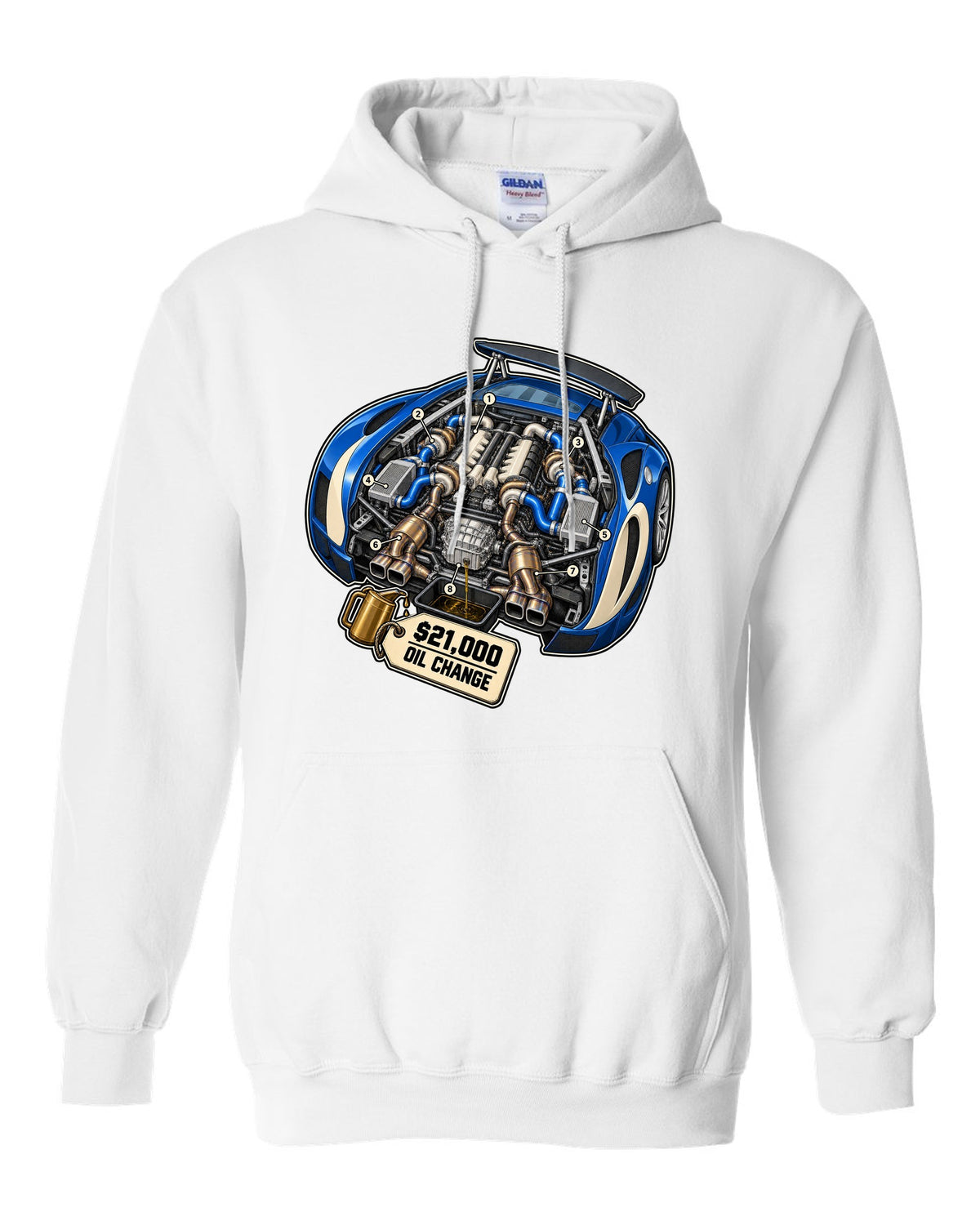 Exploded cutaway diagram print of the Bugatti Veyron 16.4 W16 engine with oil change lettering white pull over hoodie front view with the design