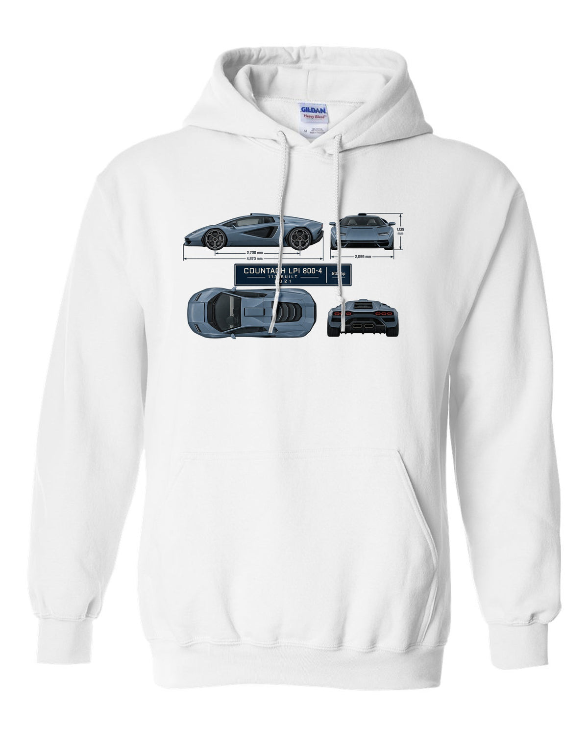 Lamborghini Countach LPI 800-4 dimension blueprint print with 112 built 2021 lettering white pull over hoodie front view with the design