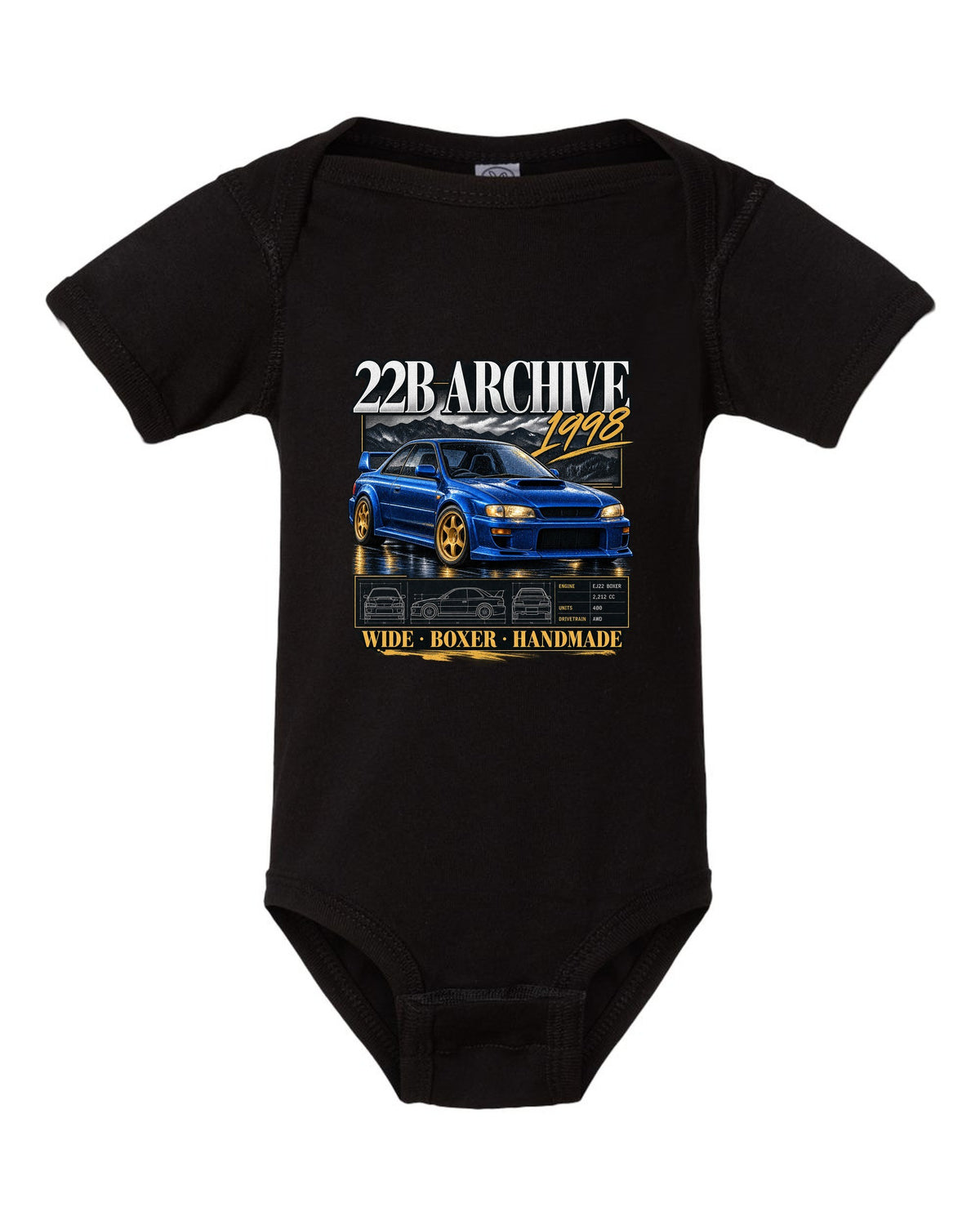 Archive panel print of a Subaru Impreza 22B STi GC8 with 400 built lettering black baby onesie front view with the design