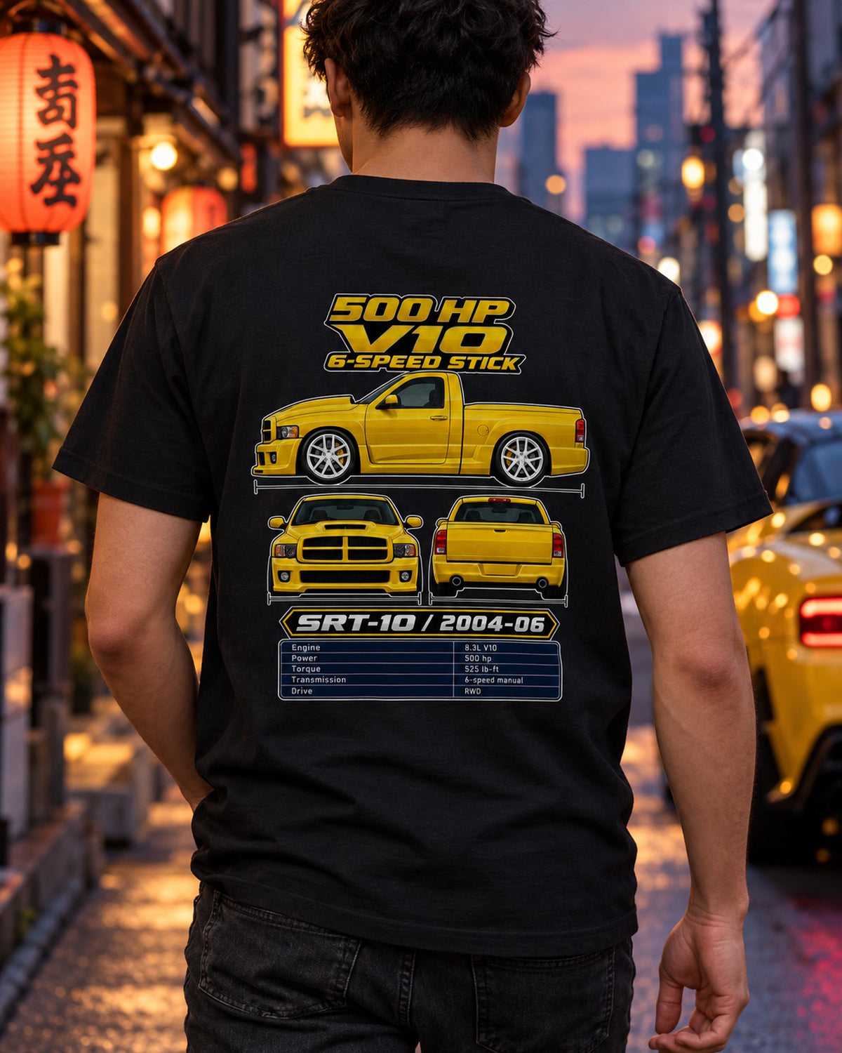 Dodge RAM Srt10 Spec Sheet Full-Back Graphic Tee T-Shirt Black worn hero