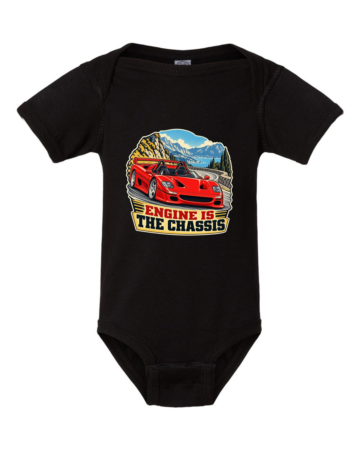 Retro race-programme print of a 1995 Ferrari F50 F130 with roof off on a mountain pass and engine is the chassis text black baby onesie front view with the design