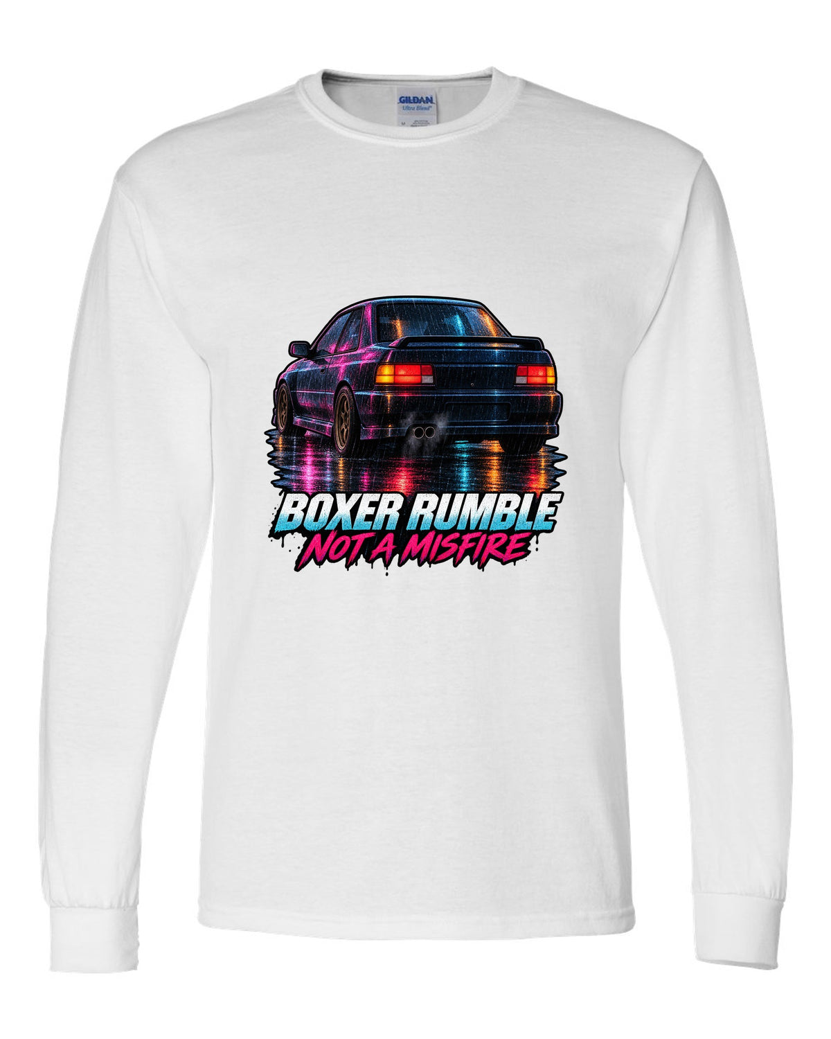 Painterly night scene of a Subaru Impreza WRX GC8 coupe with wet taillight reflections white long sleeve front view with the design
