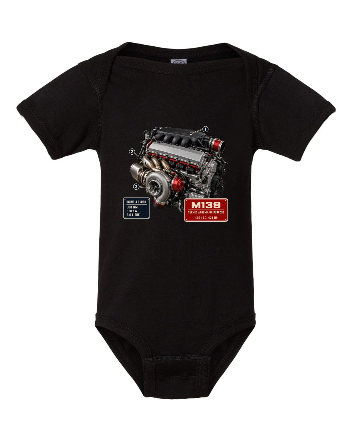 Mercedes-AMG M139 2.0 litre turbo four engine hero print black baby onesie front view with the design