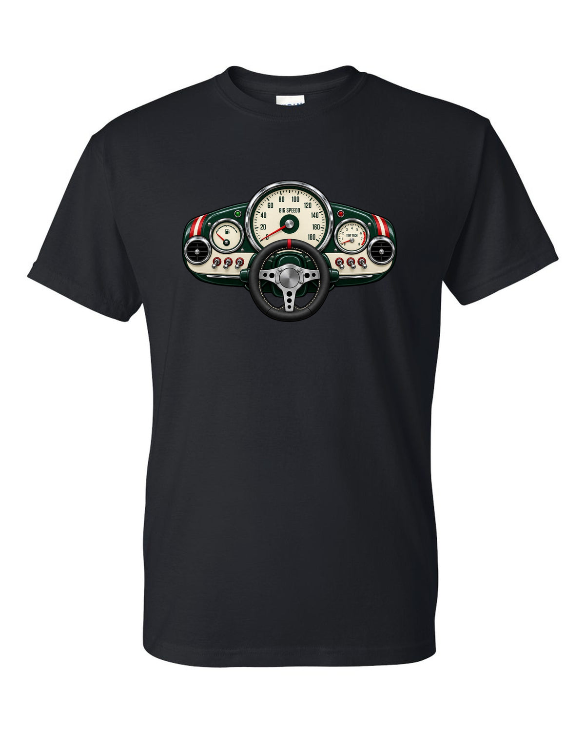 Gauge-cluster print for the Mini Cooper S R53 with big speedo and tiny tach lettering black t-shirt front view with the design