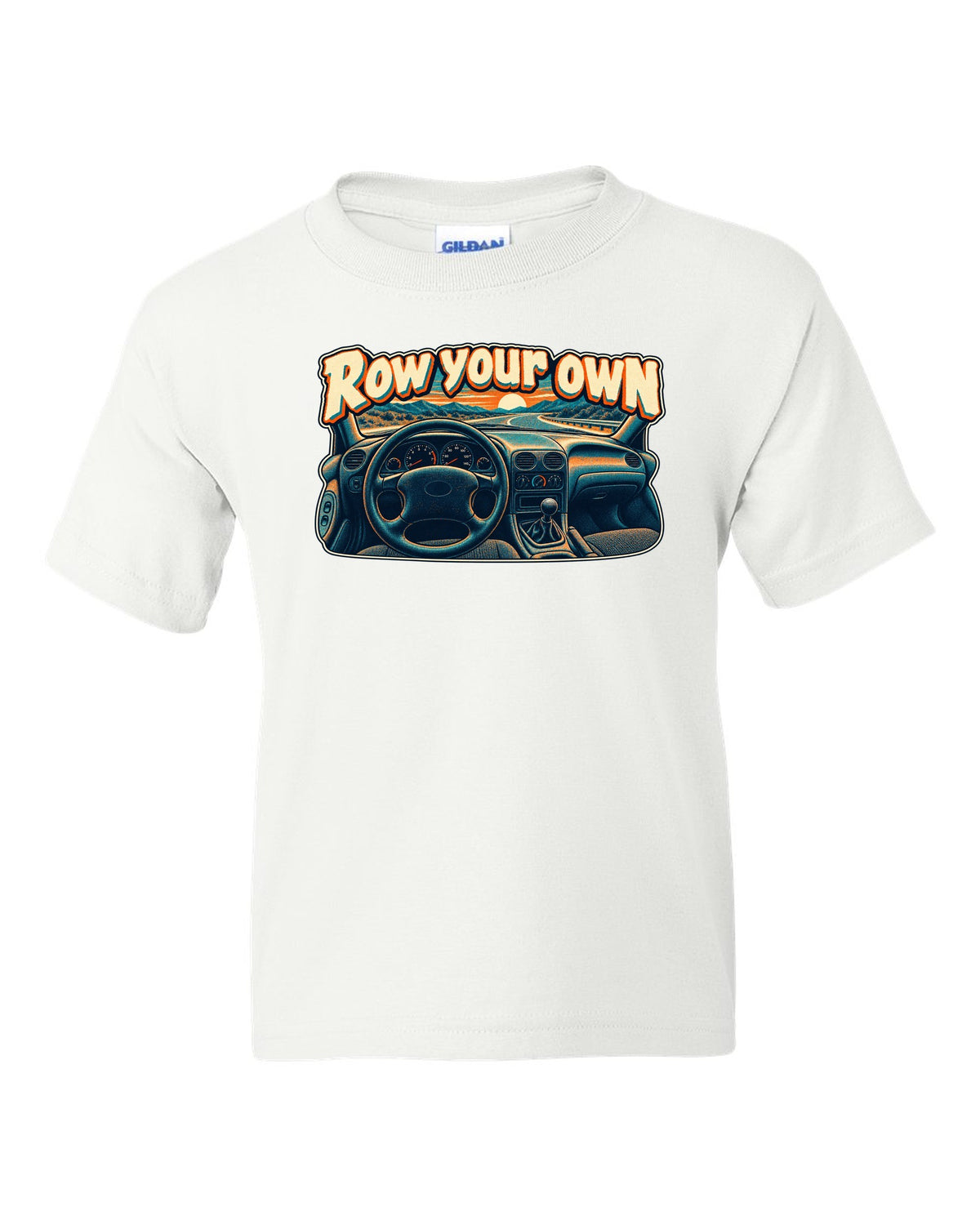 Risograph halftone Ford Mustang SN95 with the words Row your own white kids tee front view with the design