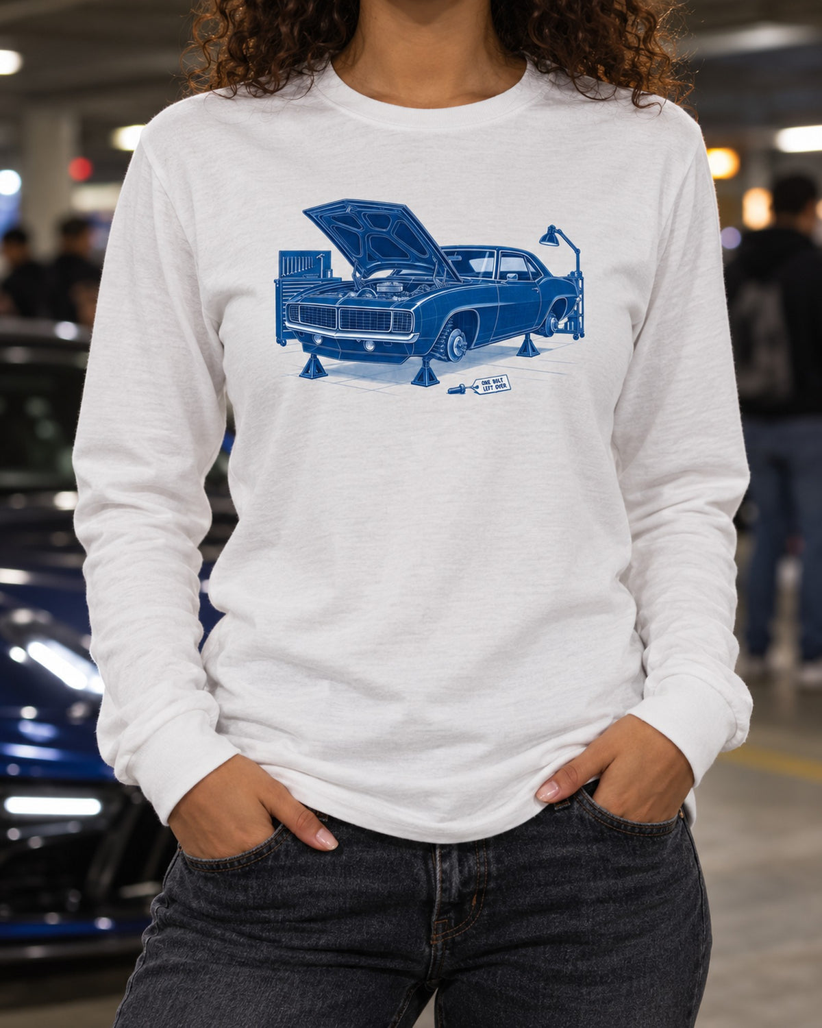 1969 Camaro Cyanotype Shirt, One Bolt Left Over Garage Tee Long Sleeve White worn hero