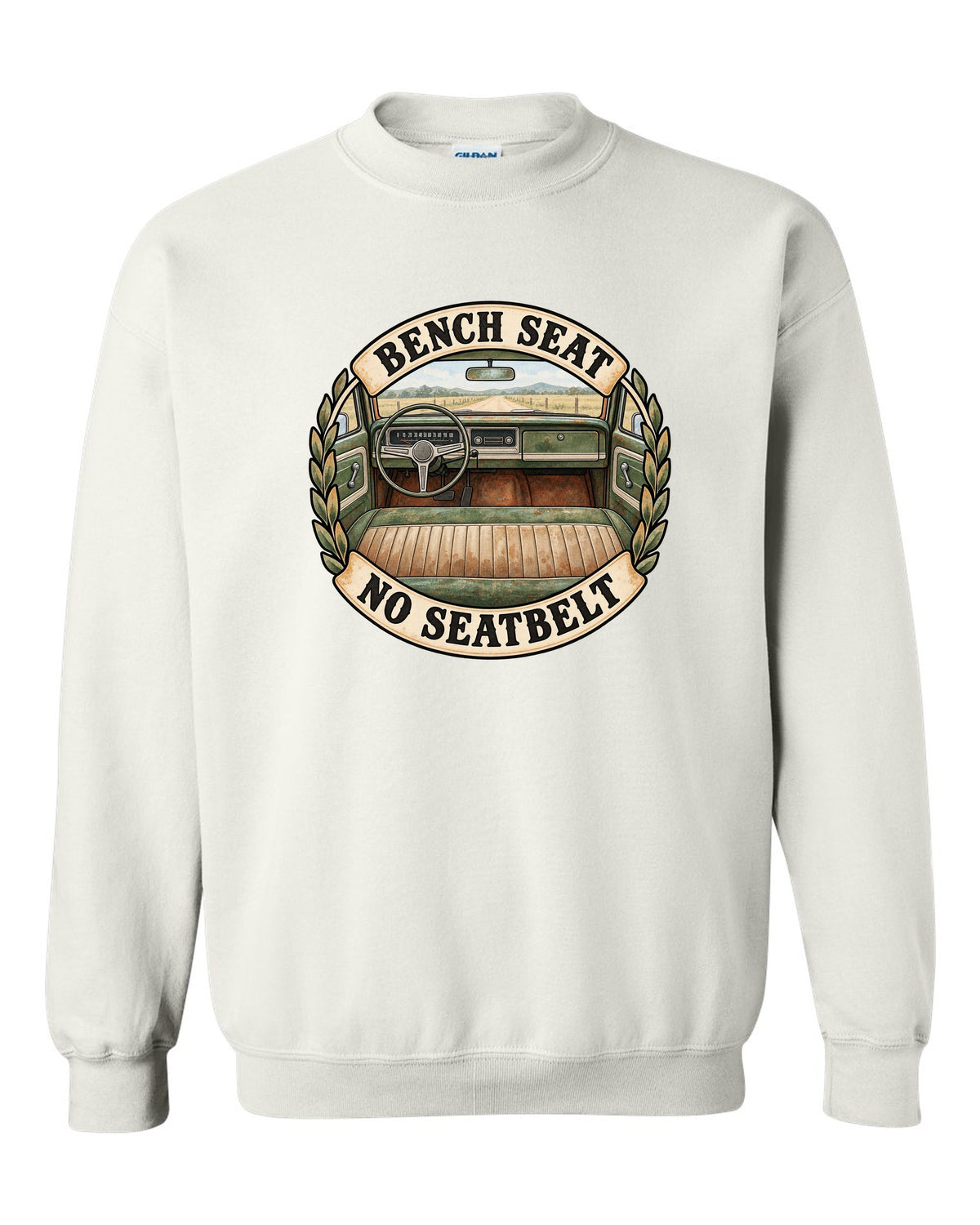 Watercolor print of the dash and bench seat in a 1967-72 Chevrolet C10 Action Line Fleetside Cheyenne white crewneck front view with the design