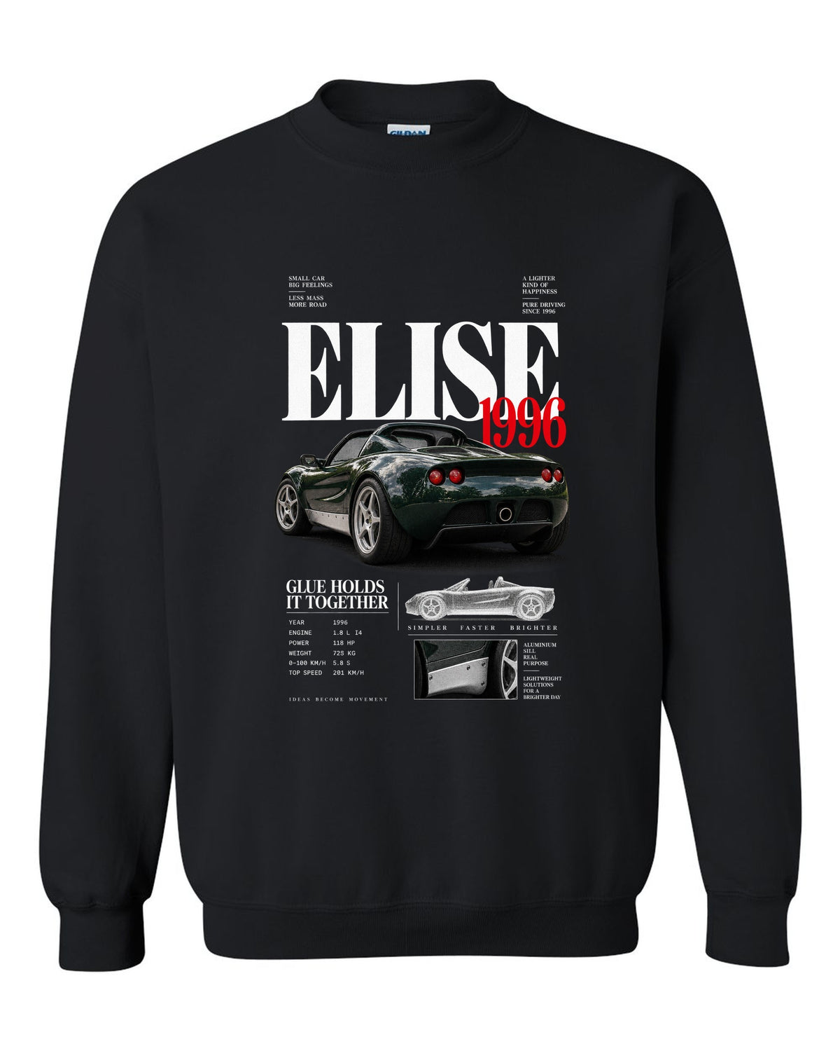 Editorial headline print for a 1996 Lotus Elise S1 with glue holds it together text black crewneck front view with the design