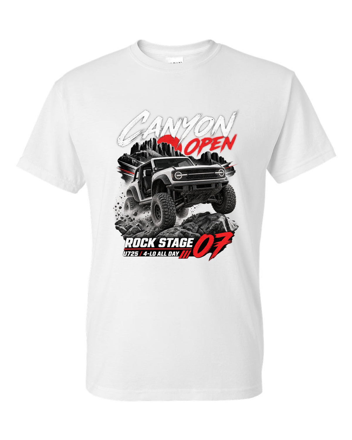 Ford Bronco 2021 two-door U725 race poster print with Rock Stage 07 and 4-Lo text white t-shirt front view with the design