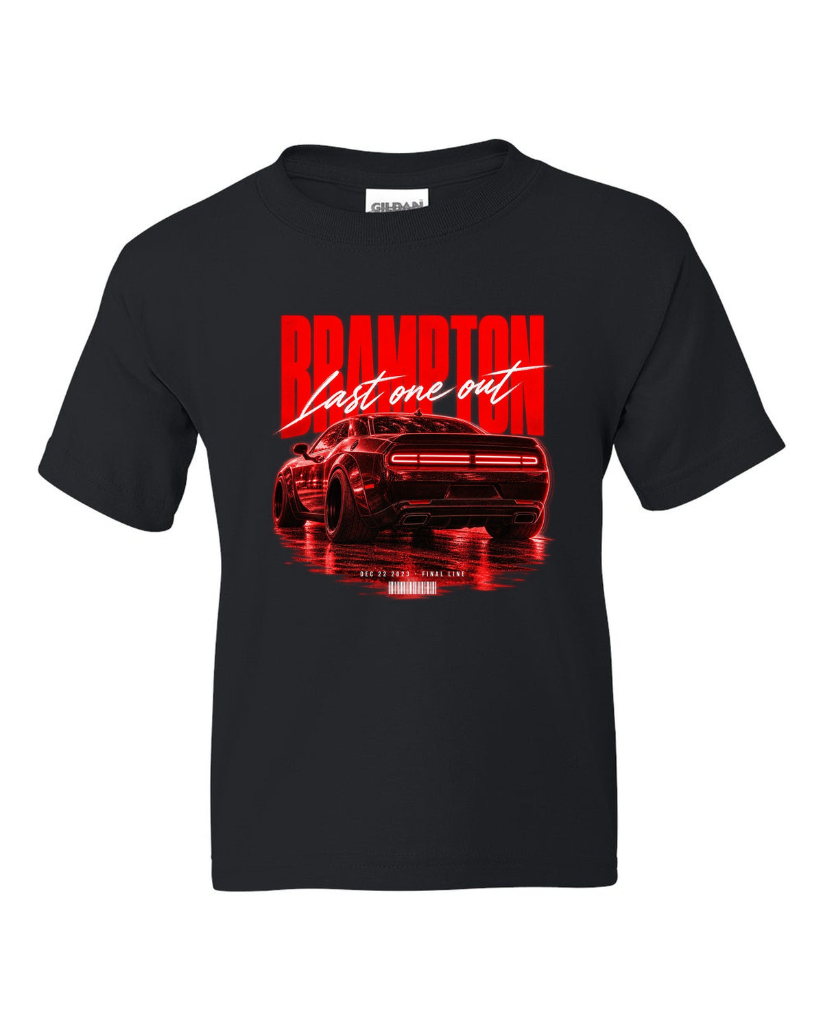 Street poster print of a 2023 Dodge Challenger Widebody with Brampton last one out Dec 22 2023 text black kids tee front view with the design