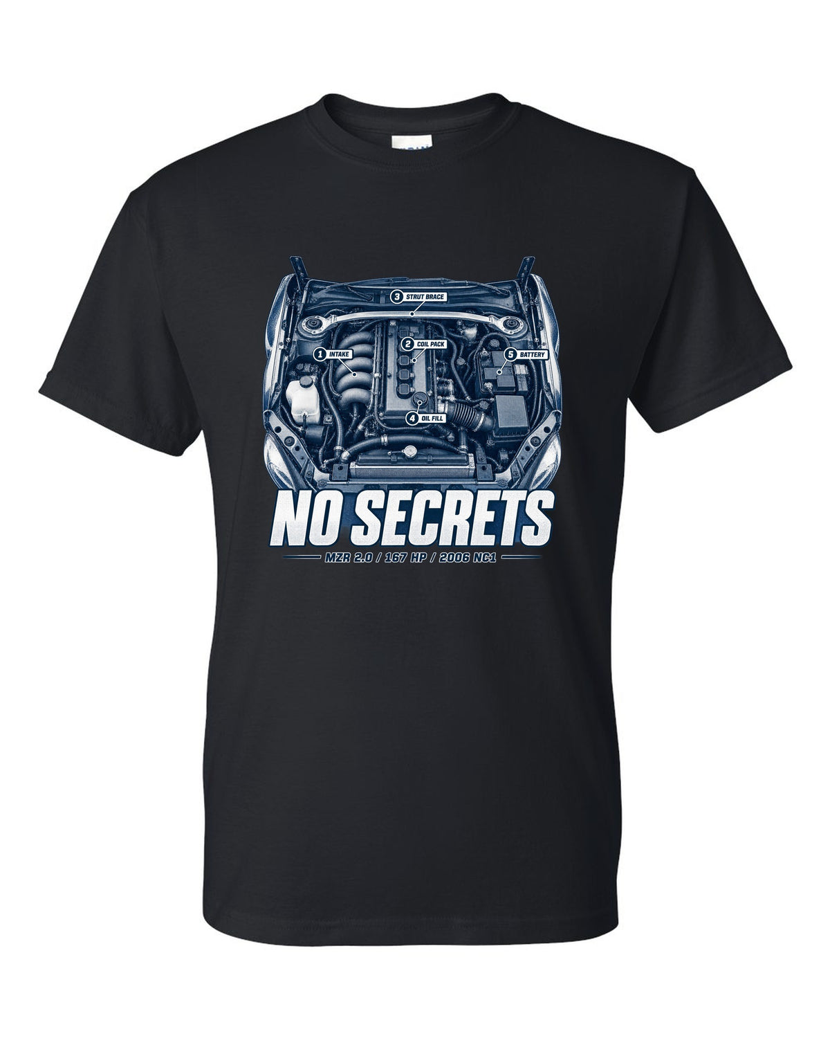 Engine hero print for the 2006 Mazda MX-5 NC1 with MZR 2.0 and 167 HP lettering black t-shirt front view with the design