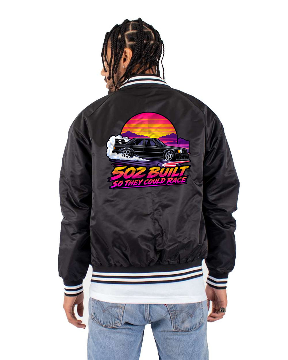 190E Evo II Chicane Slide Shirt, W201 80s Sunset Print Bomber Jacket Black back