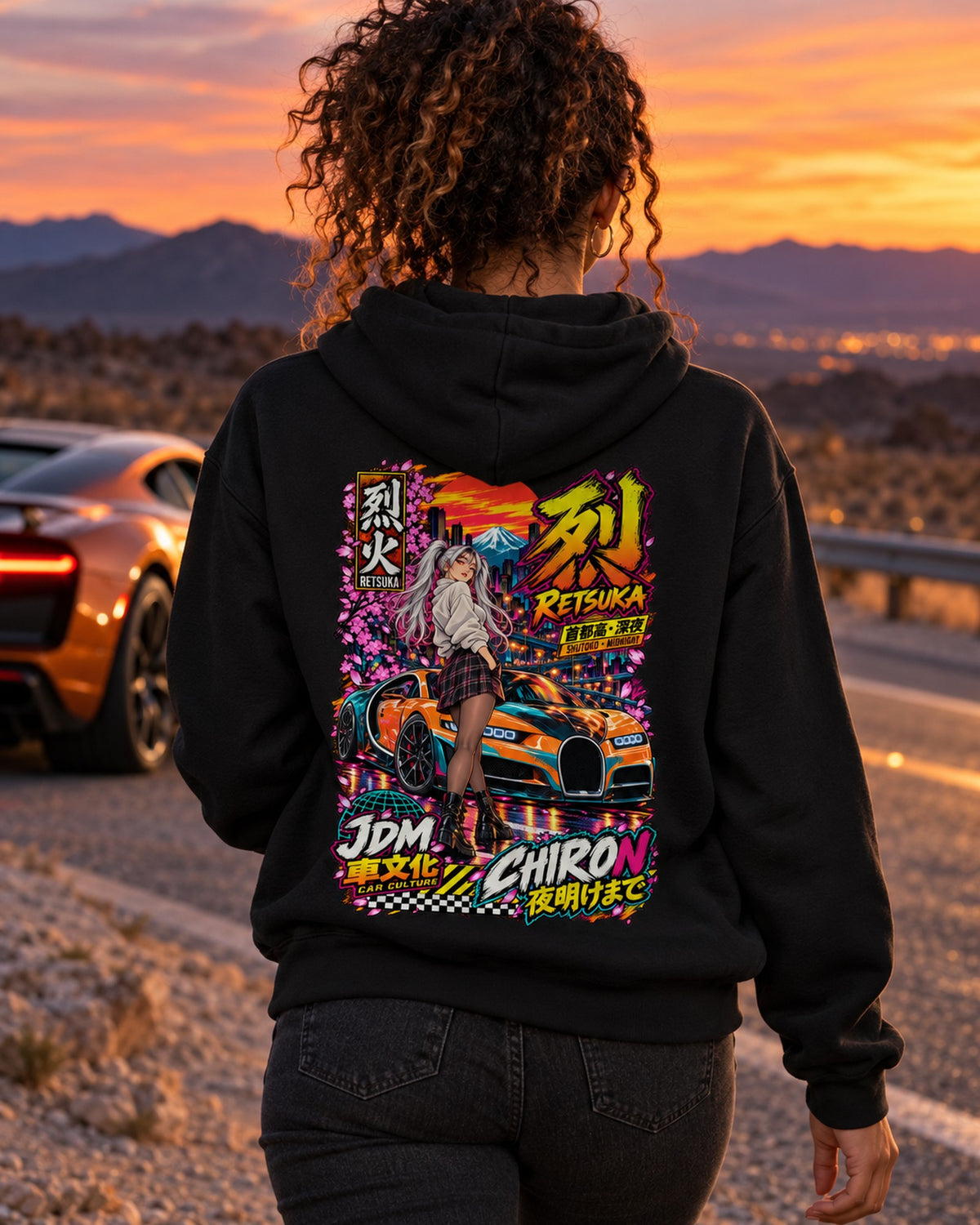 RETSUKA CHIRON Anime Girl Full-Back Graphic Tee Pull Over Hoodie Black worn hero