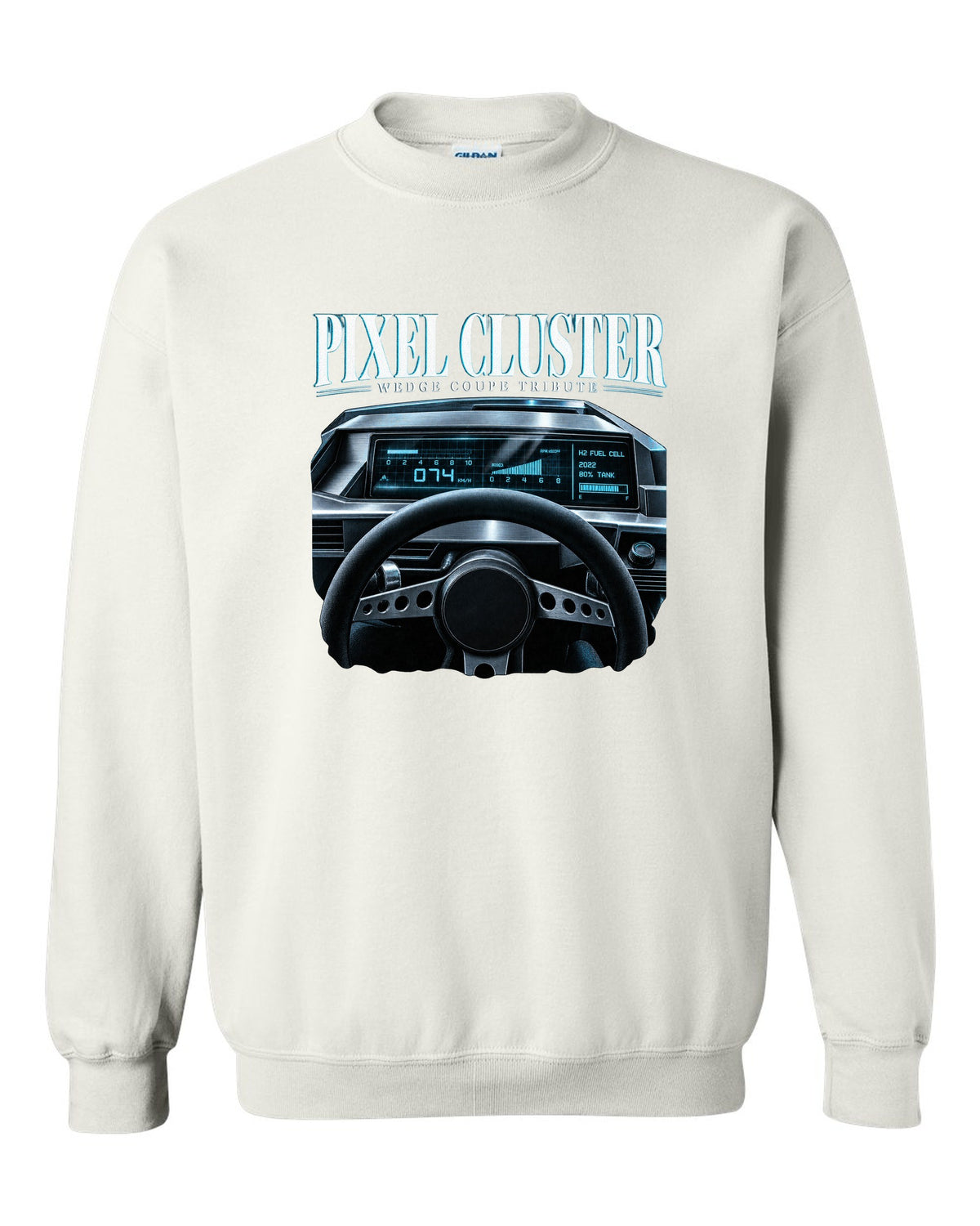 Hyundai N Vision 74 cockpit gauge print with pixel cluster and fuel cell readout white crewneck front view with the design