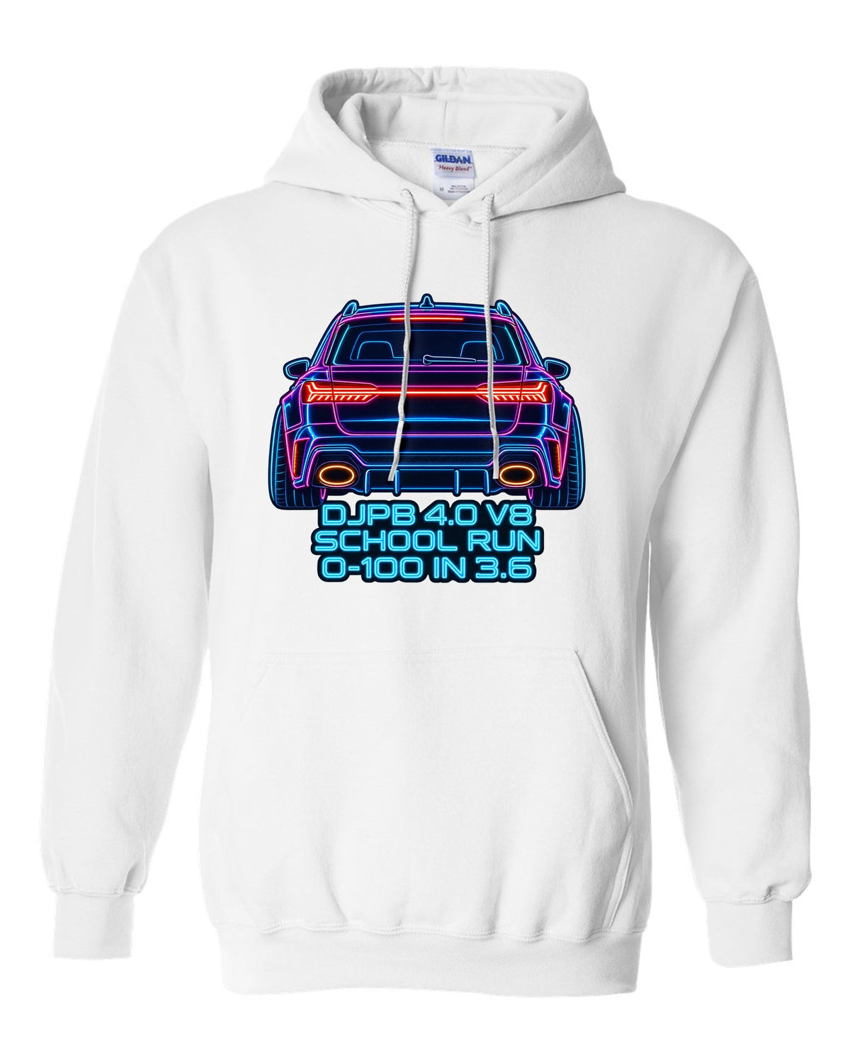Neon sign line art design of the Audi RS6 Avant C8 with school run and 0-100 in 3.6 lettering white pull over hoodie front view with the design