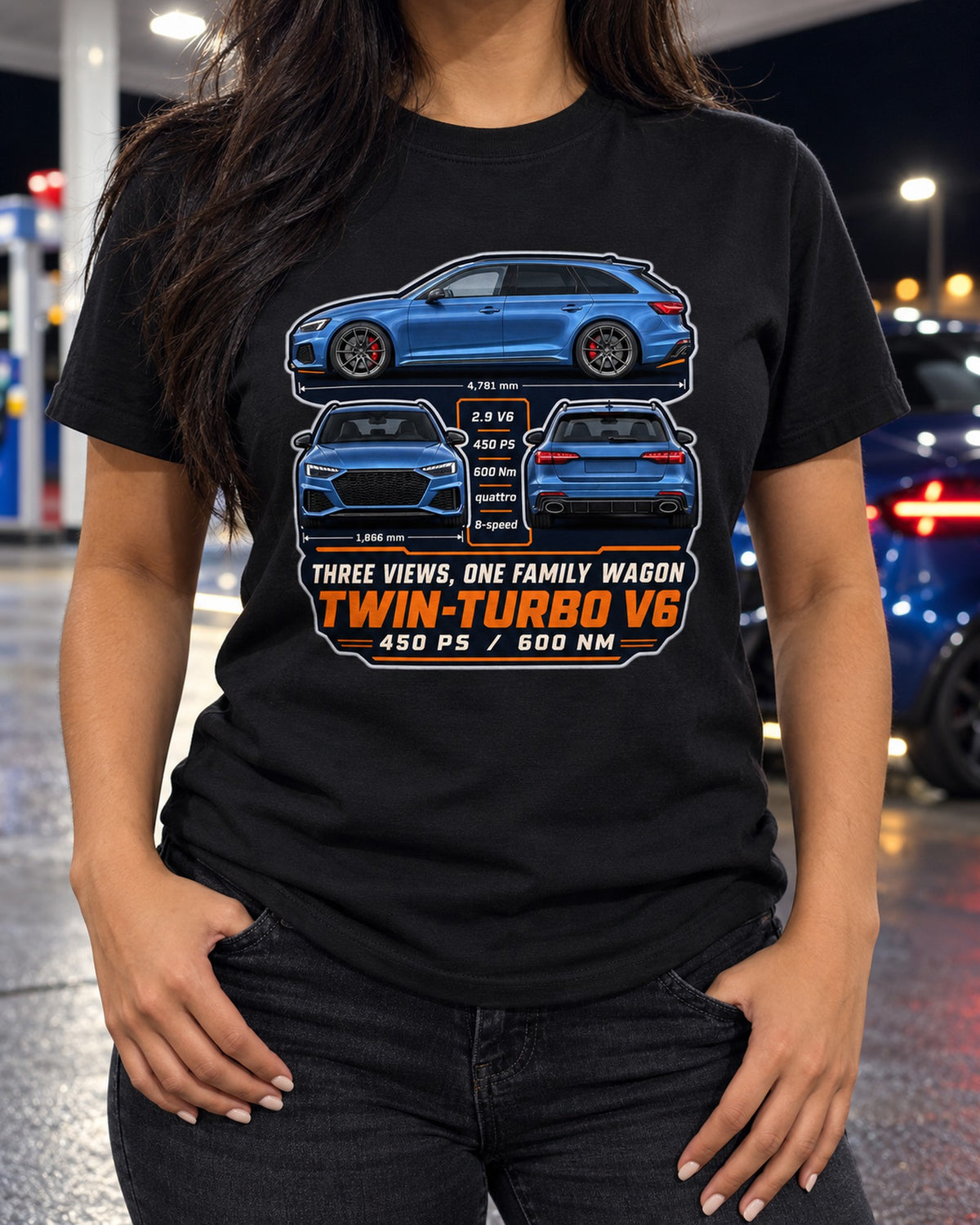 Audi RS4 Avant B9 Three-View Tee, Twin-Turbo V6 Family Wagon T-Shirt Black worn hero