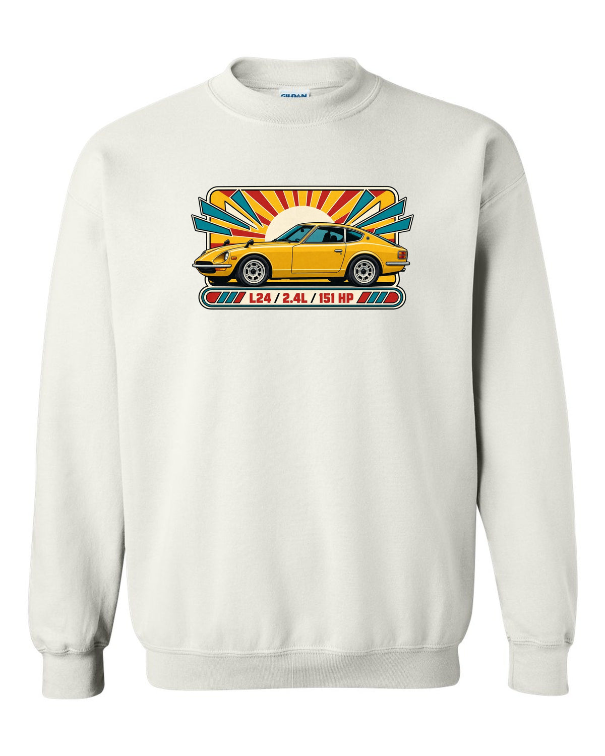 Retro 1970s catalogue ad print of the Datsun 240Z S30 with L24 2.4L 151 HP lettering white crewneck front view with the design