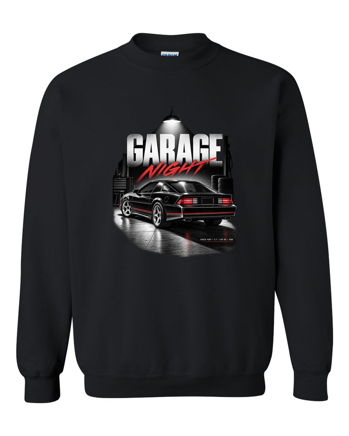 Garage-night print of a 1990 Chevrolet Camaro IROC-Z with tuned port 5.7 245 hp text black crewneck front view with the design